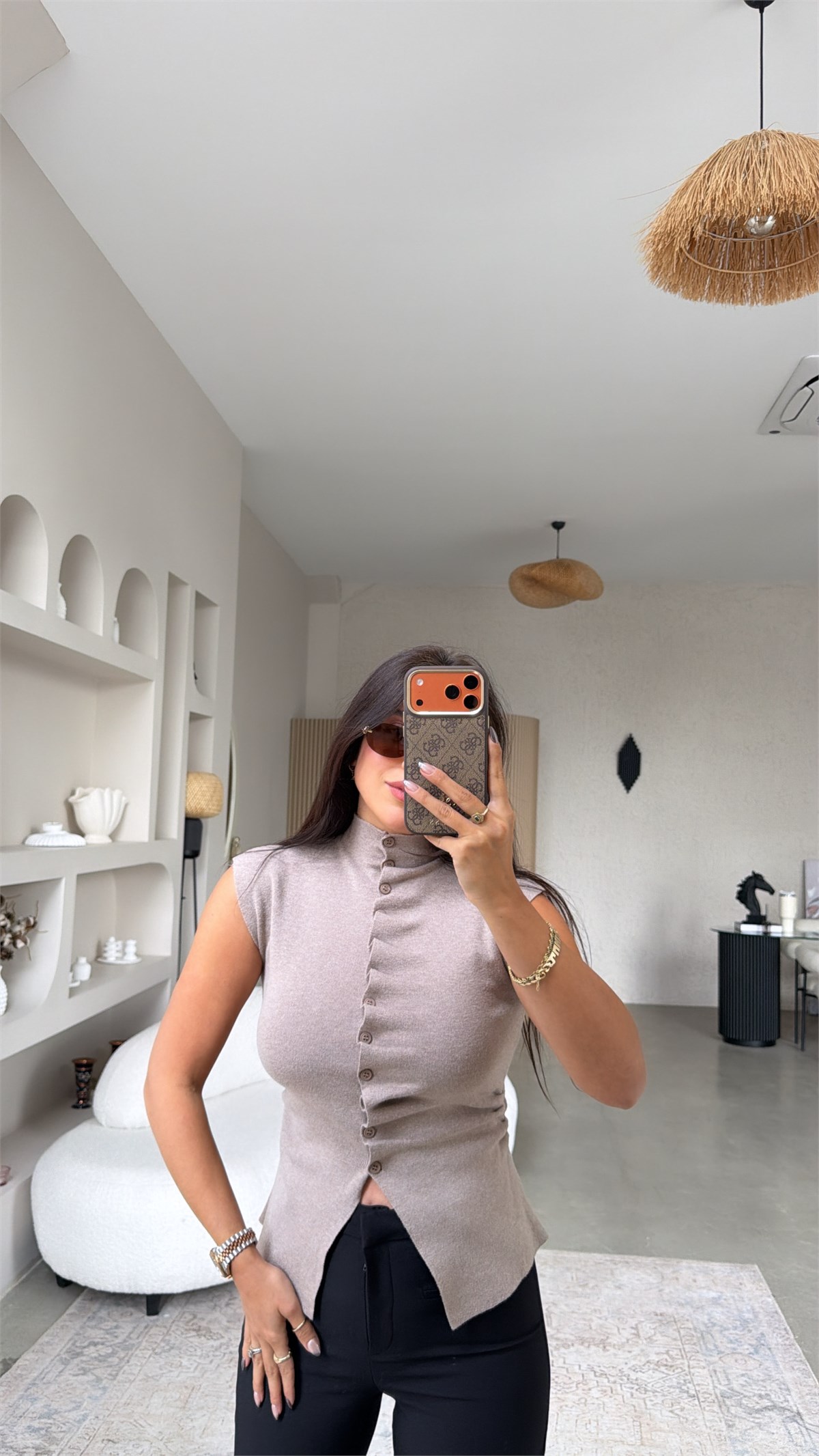 Vizon Büzgülü Düğmeli Dik Yaka Triko Bluz