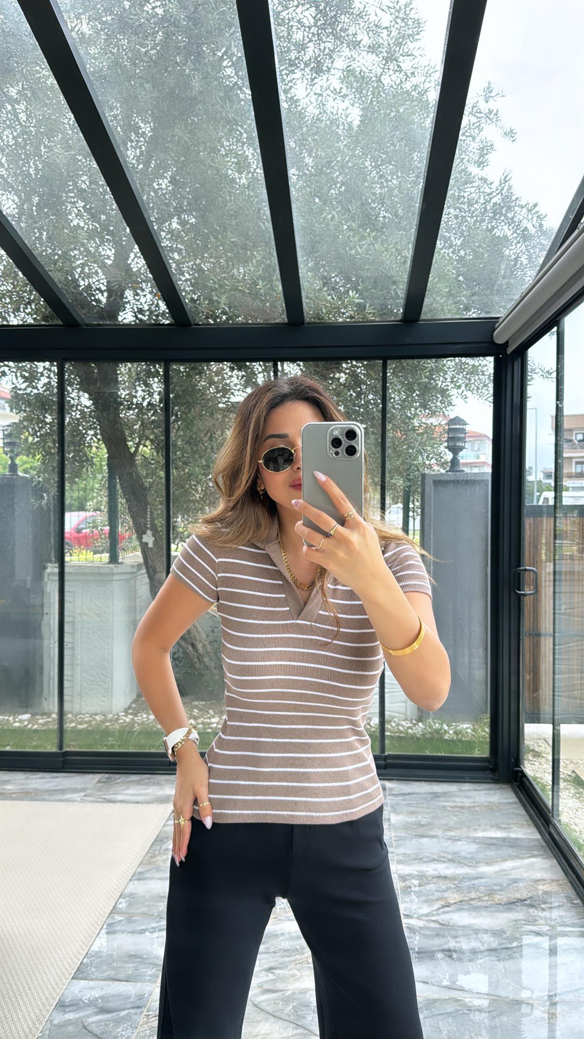 Vizon Çizgili Yakalı Ribana Tshirt