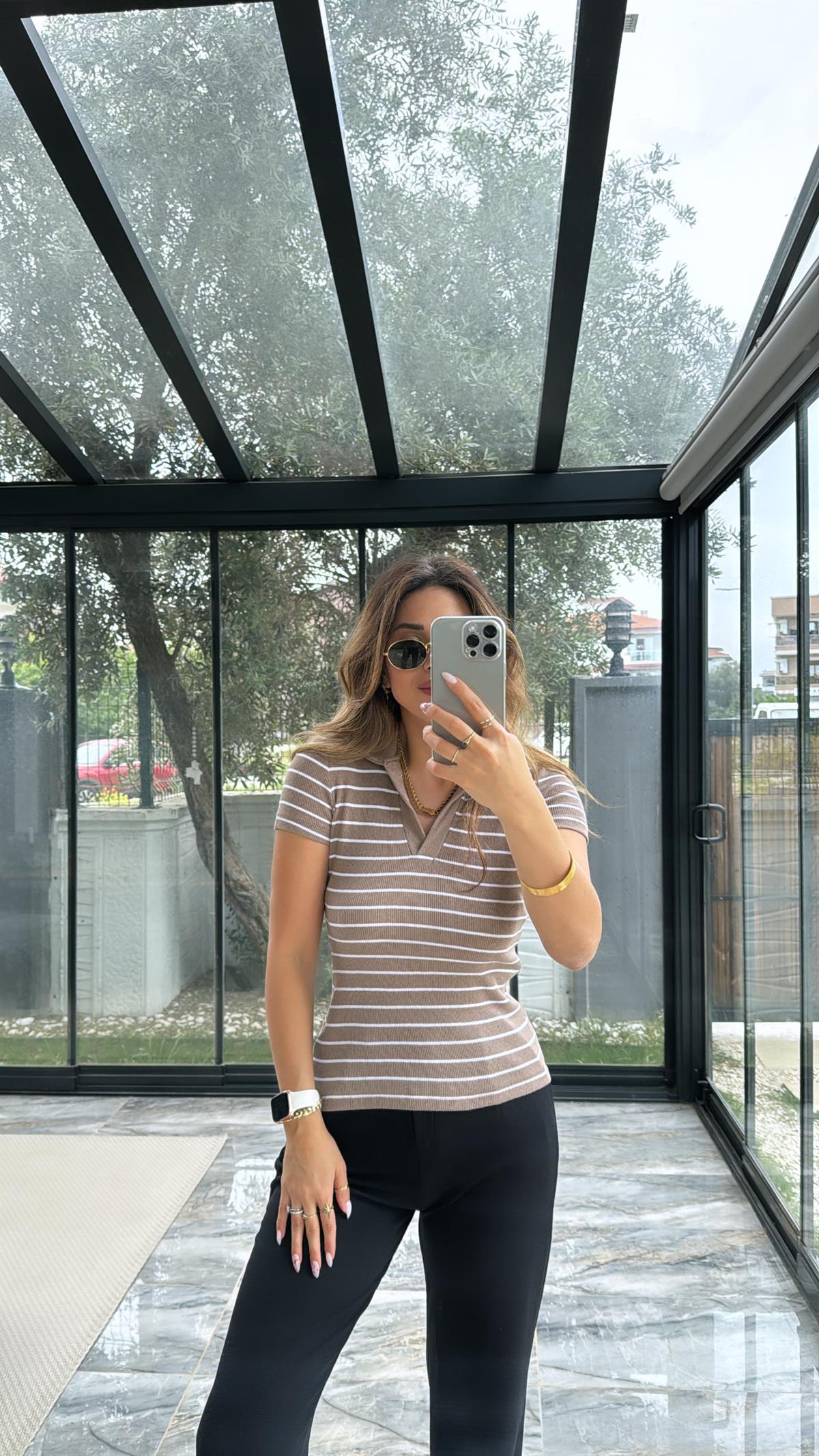 Vizon Çizgili Yakalı Ribana Tshirt