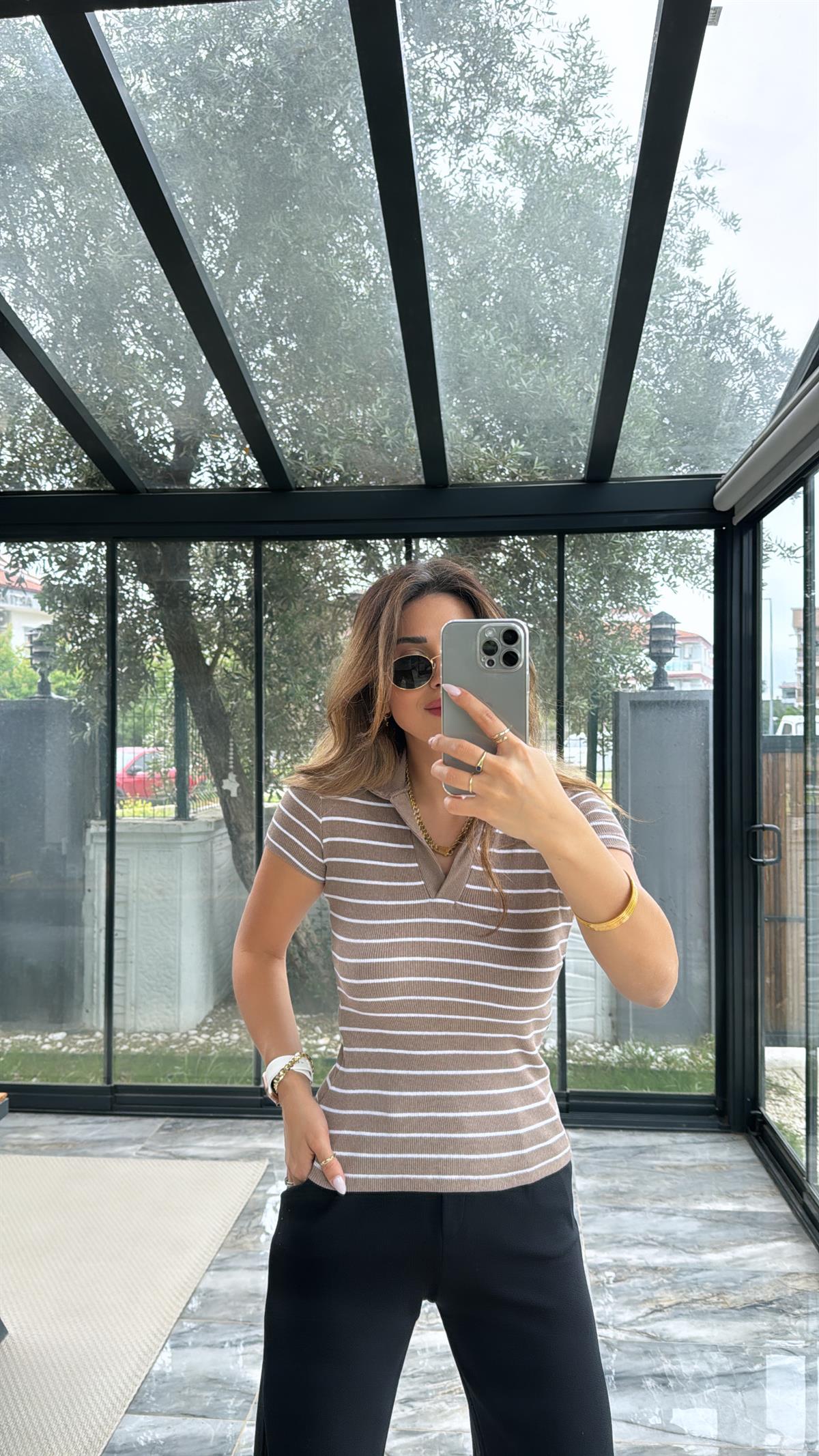 Vizon Çizgili Yakalı Ribana Tshirt