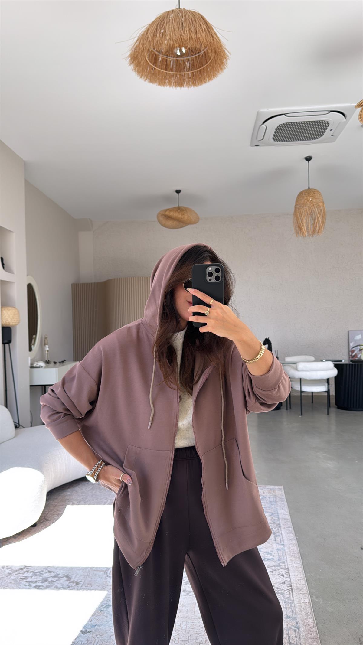 Vizon Fermuarlı Modal Hoodie