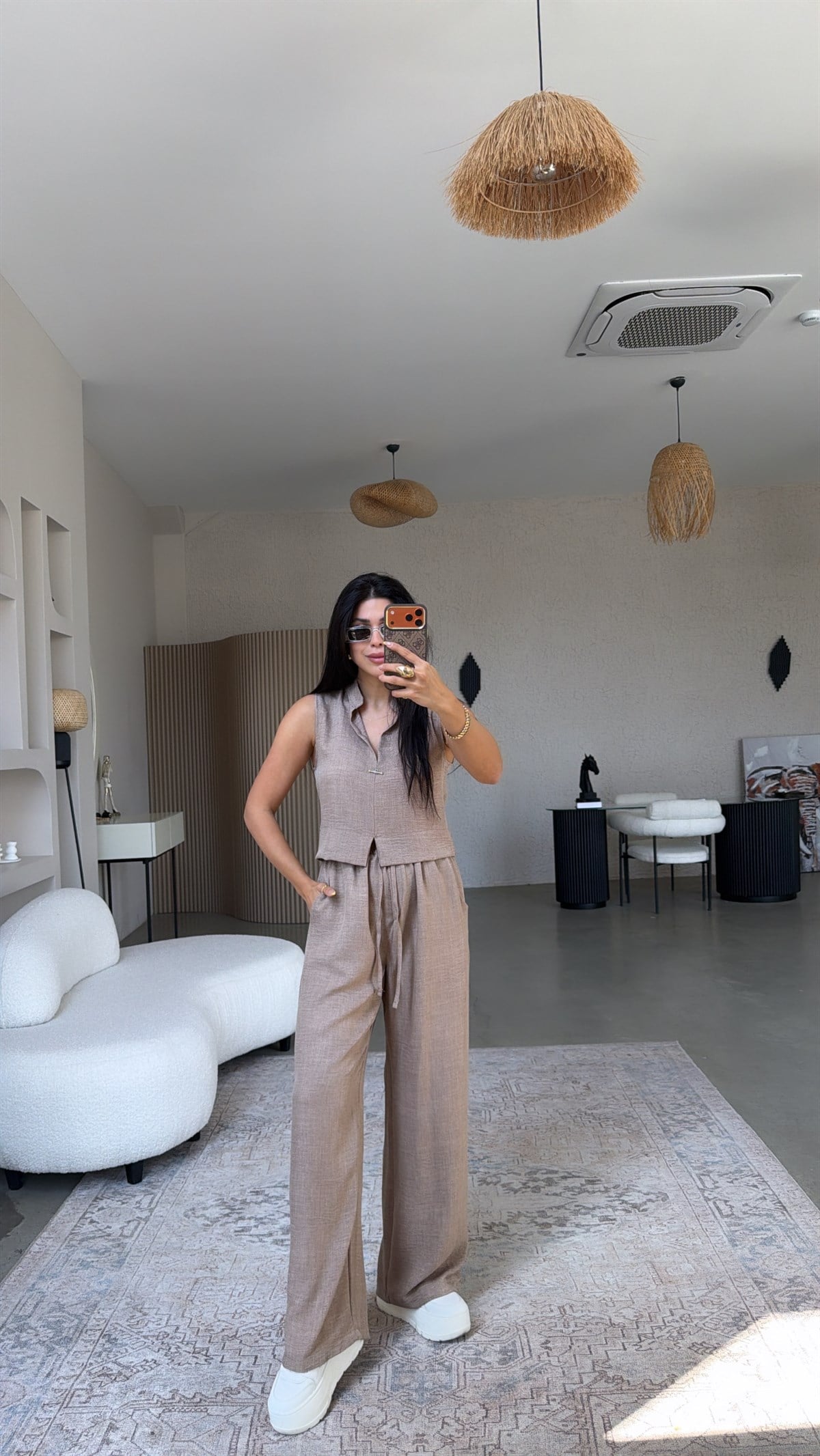 Vizon Gümüş Aksesuarlı Pantolon Bluz Takım