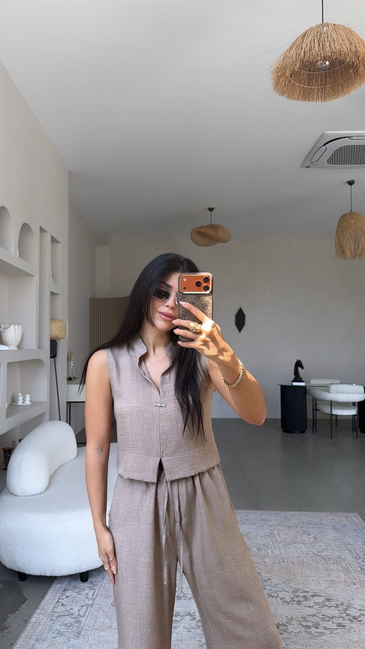 Vizon Gümüş Aksesuarlı Pantolon Bluz Takım