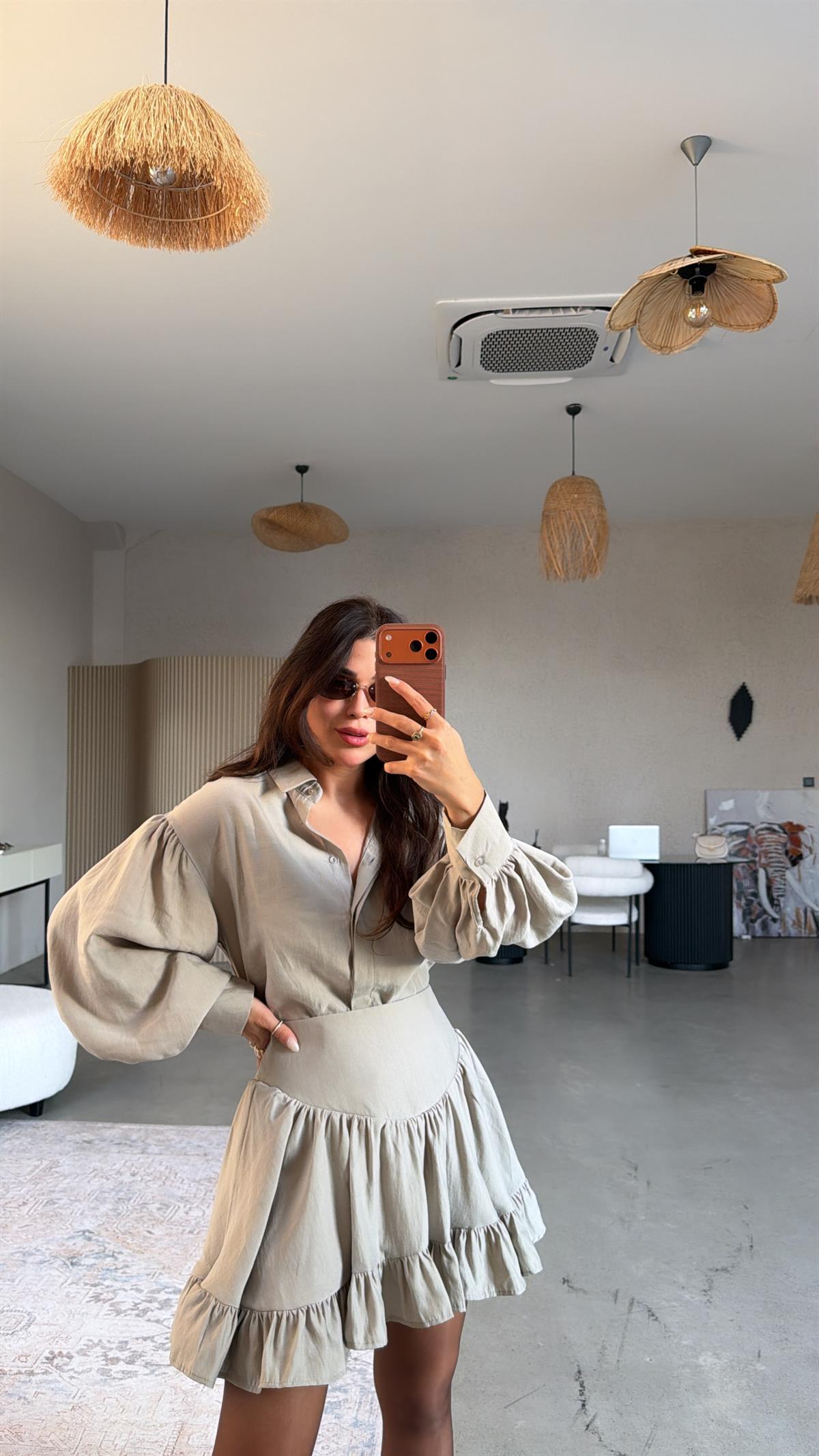 Vizon İpek Tensel Kumaş Etek Gömlek Takım