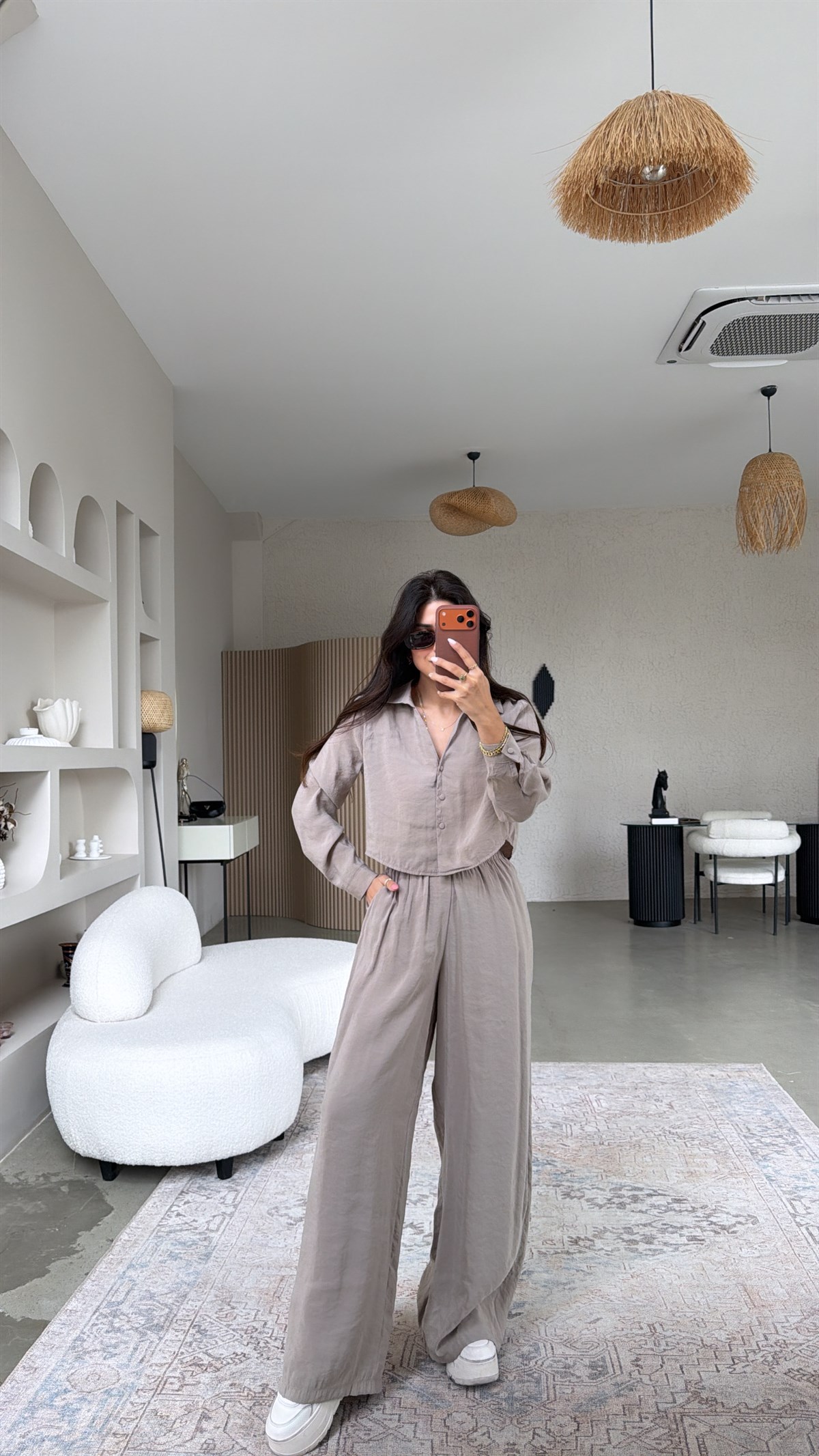 Vizon Kaplama Düğmeli Crop Gömlekli Tensel Alt Üst Takım