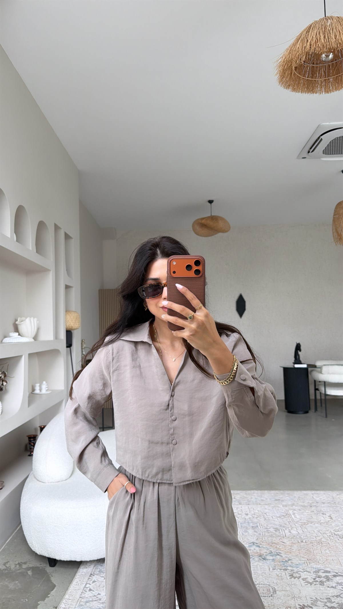 Vizon Kaplama Düğmeli Crop Gömlekli Tensel Alt Üst Takım