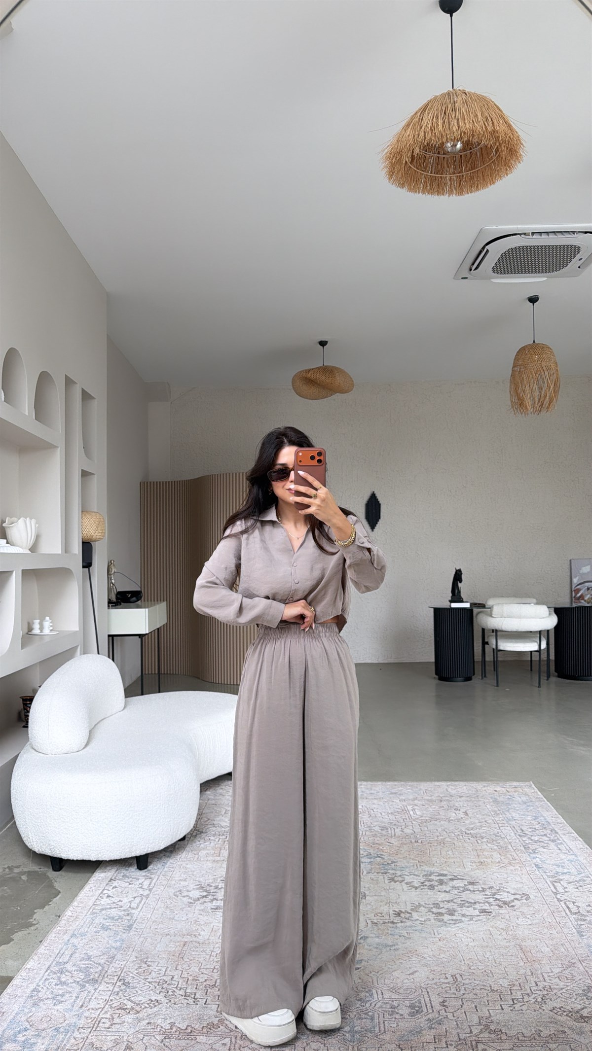 Vizon Kaplama Düğmeli Crop Gömlekli Tensel Alt Üst Takım