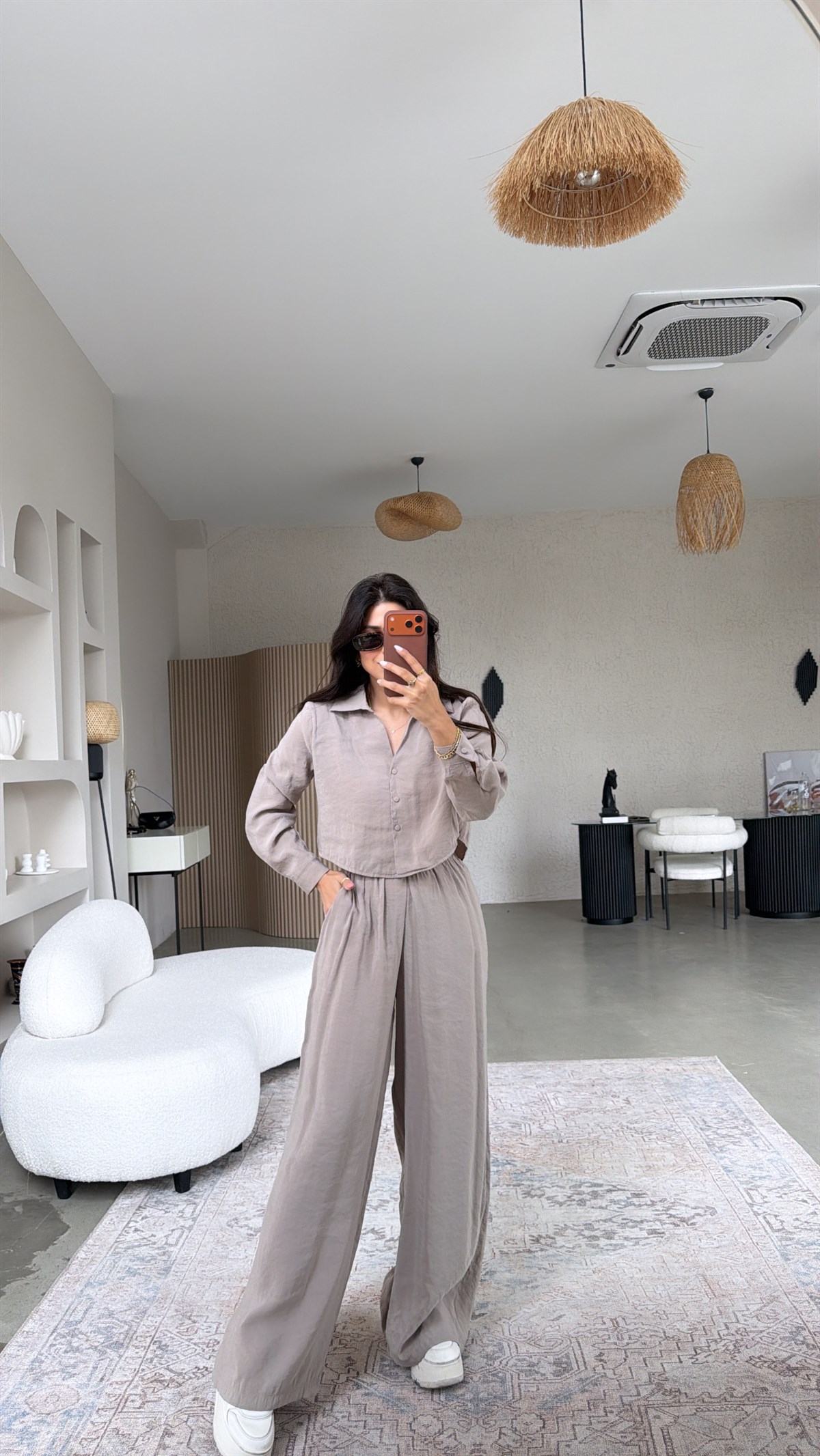 Vizon Kaplama Düğmeli Crop Gömlekli Tensel Alt Üst Takım