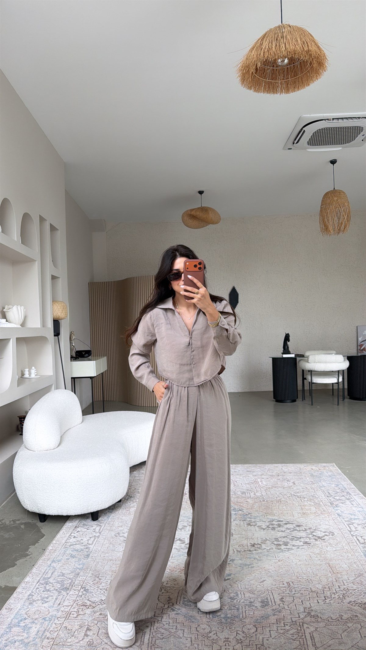 Vizon Kaplama Düğmeli Crop Gömlekli Tensel Alt Üst Takım