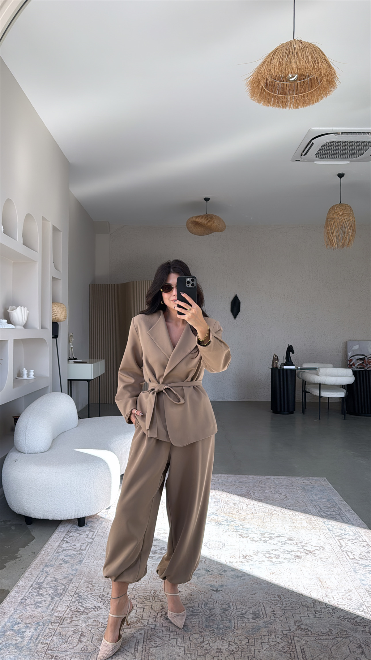 Vizon Kuşaklı Paçası Lastikli Ceket Pantolon Klasik Takım