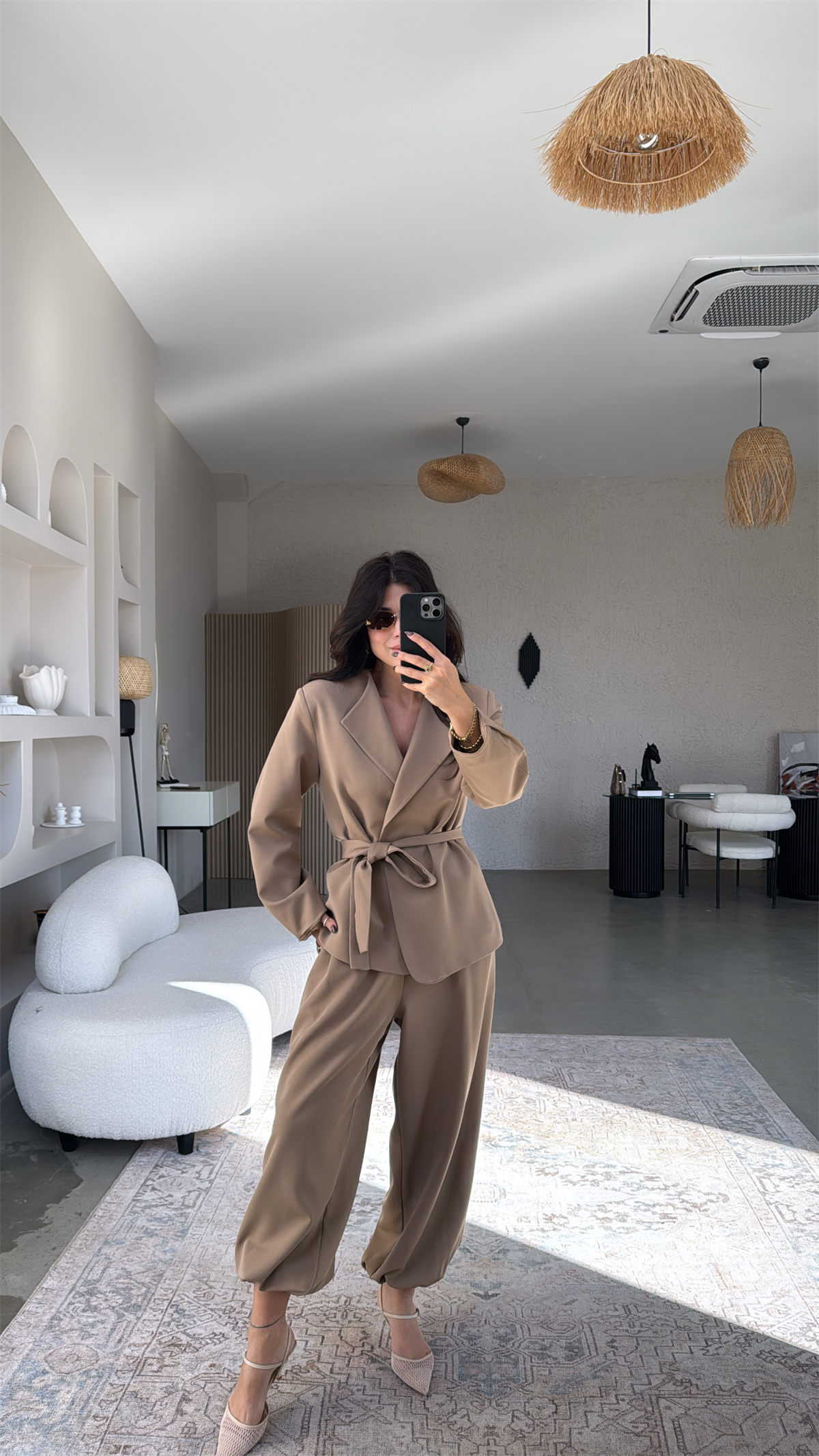 Vizon Kuşaklı Paçası Lastikli Ceket Pantolon Klasik Takım