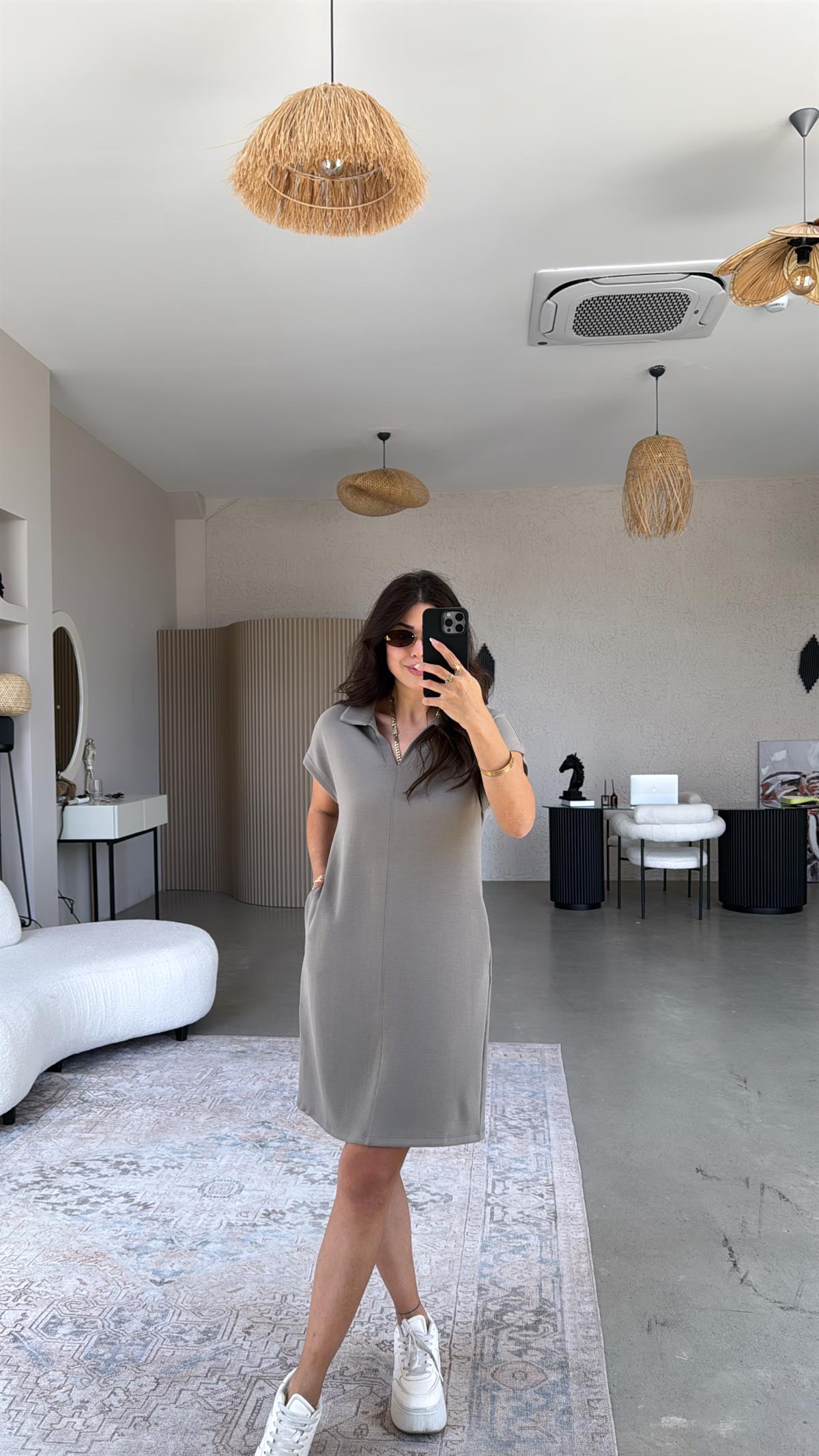 Vizon Polo Yaka Çımalı Elbise