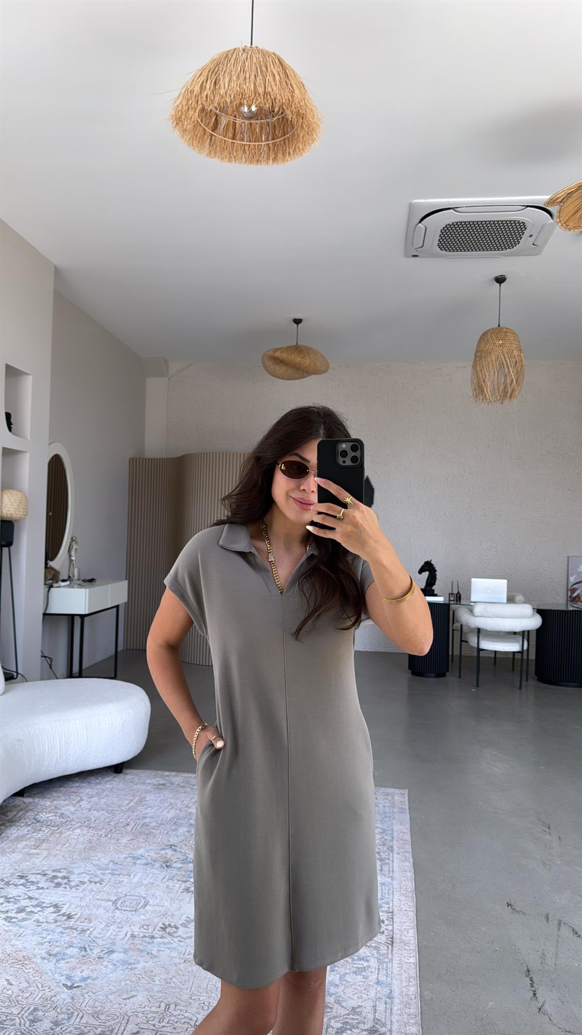 Vizon Polo Yaka Çımalı Elbise