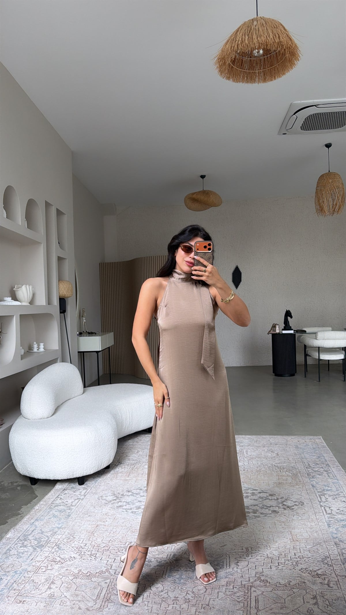 Vizon Tok Saten Boyun Bağlamalı Premium Elbise