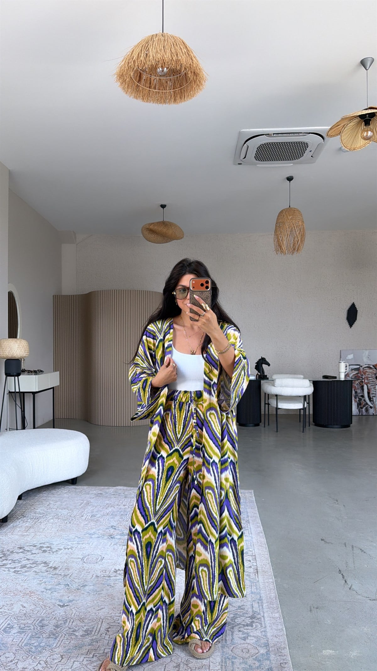 Yağ Yeşili Desenli Viskon Kimono Pantolon