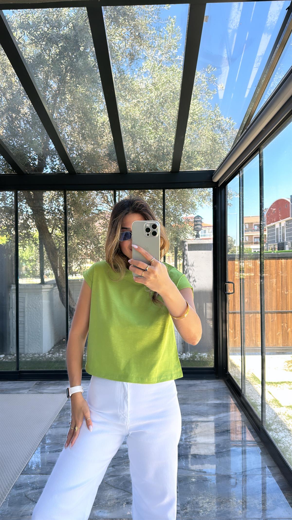 Yağ Yeşili Duble Kol Basic Tshirt