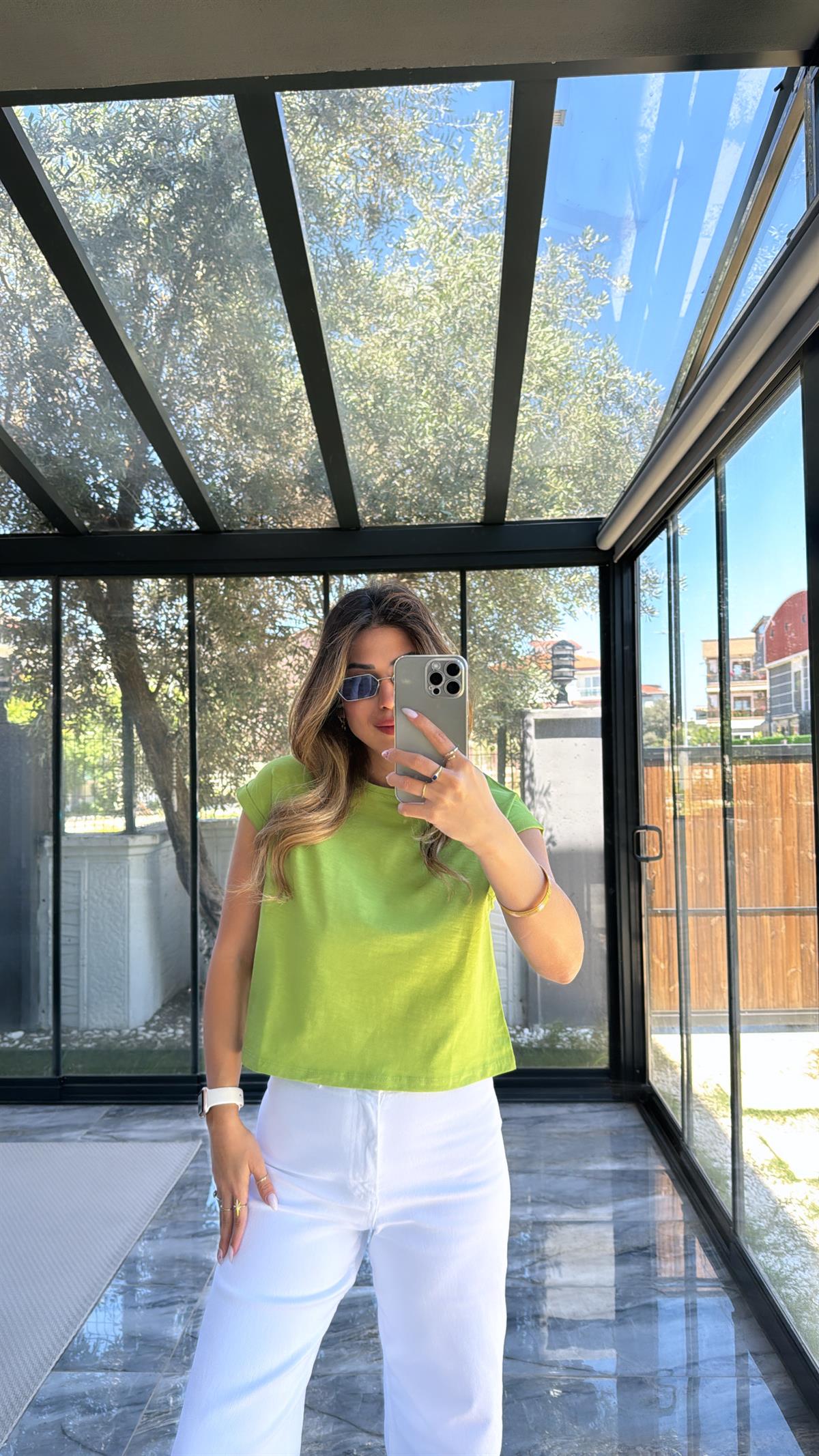 Yağ Yeşili Duble Kol Basic Tshirt