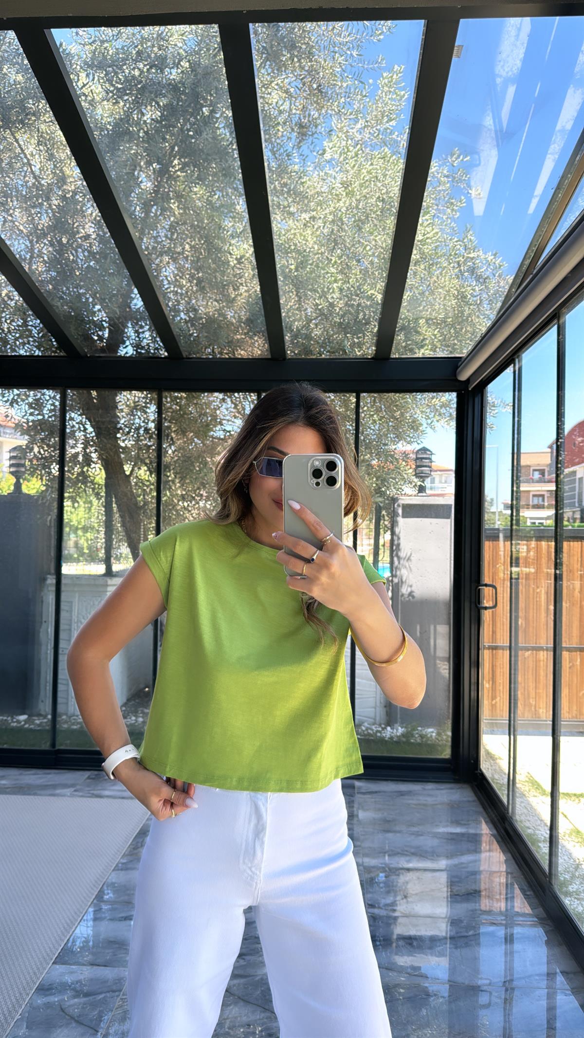 Yağ Yeşili Duble Kol Basic Tshirt