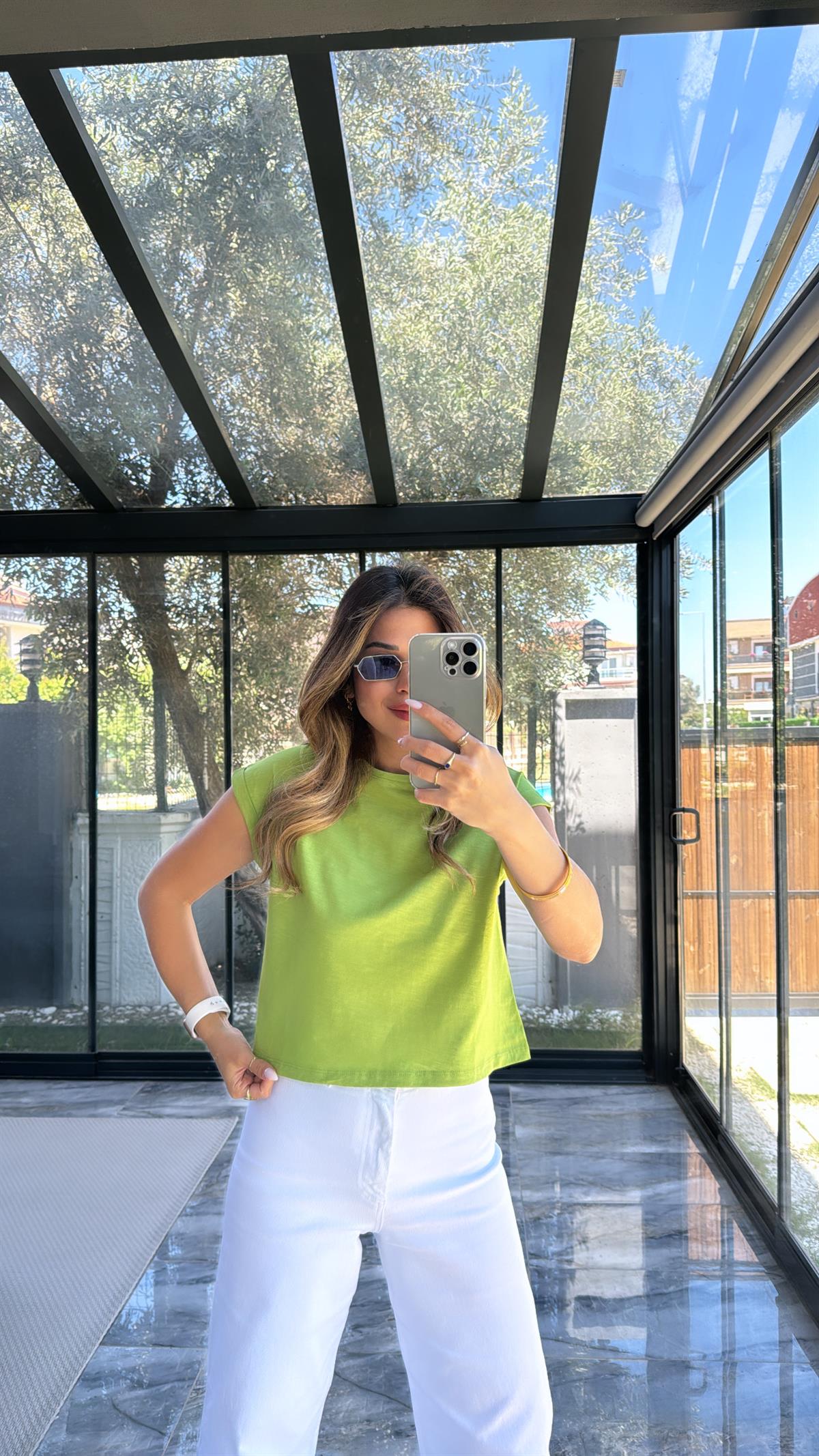 Yağ Yeşili Duble Kol Basic Tshirt