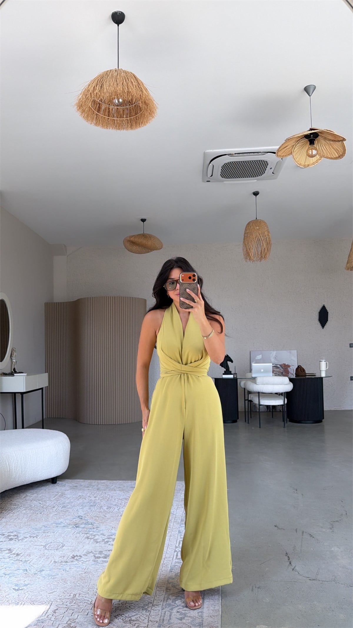 Yağ Yeşili Krep Kumaş Bağlamalı Premium Tulum