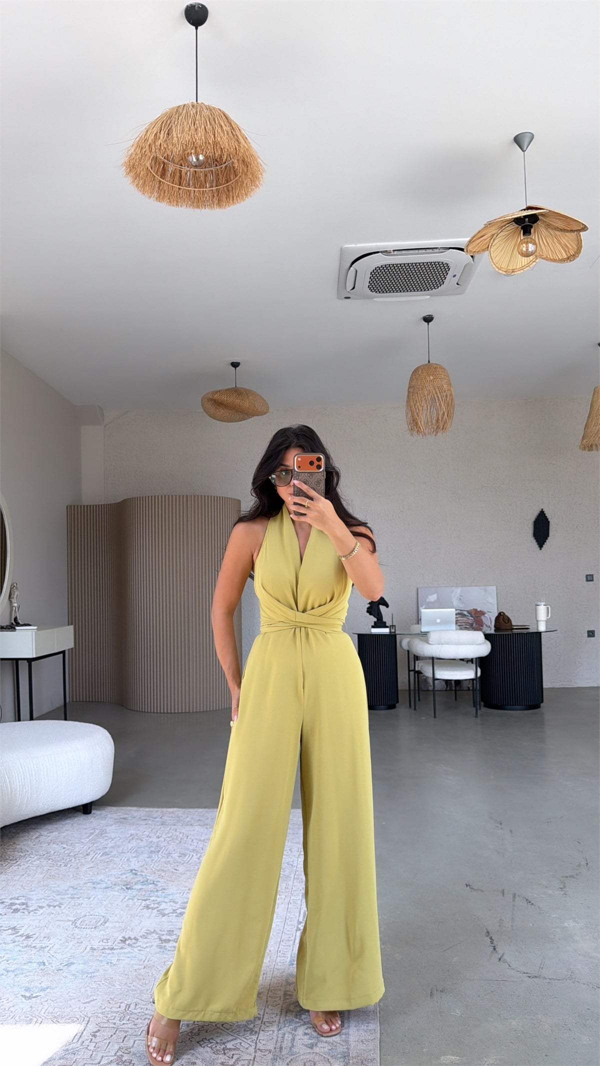 Yağ Yeşili Krep Kumaş Bağlamalı Premium Tulum