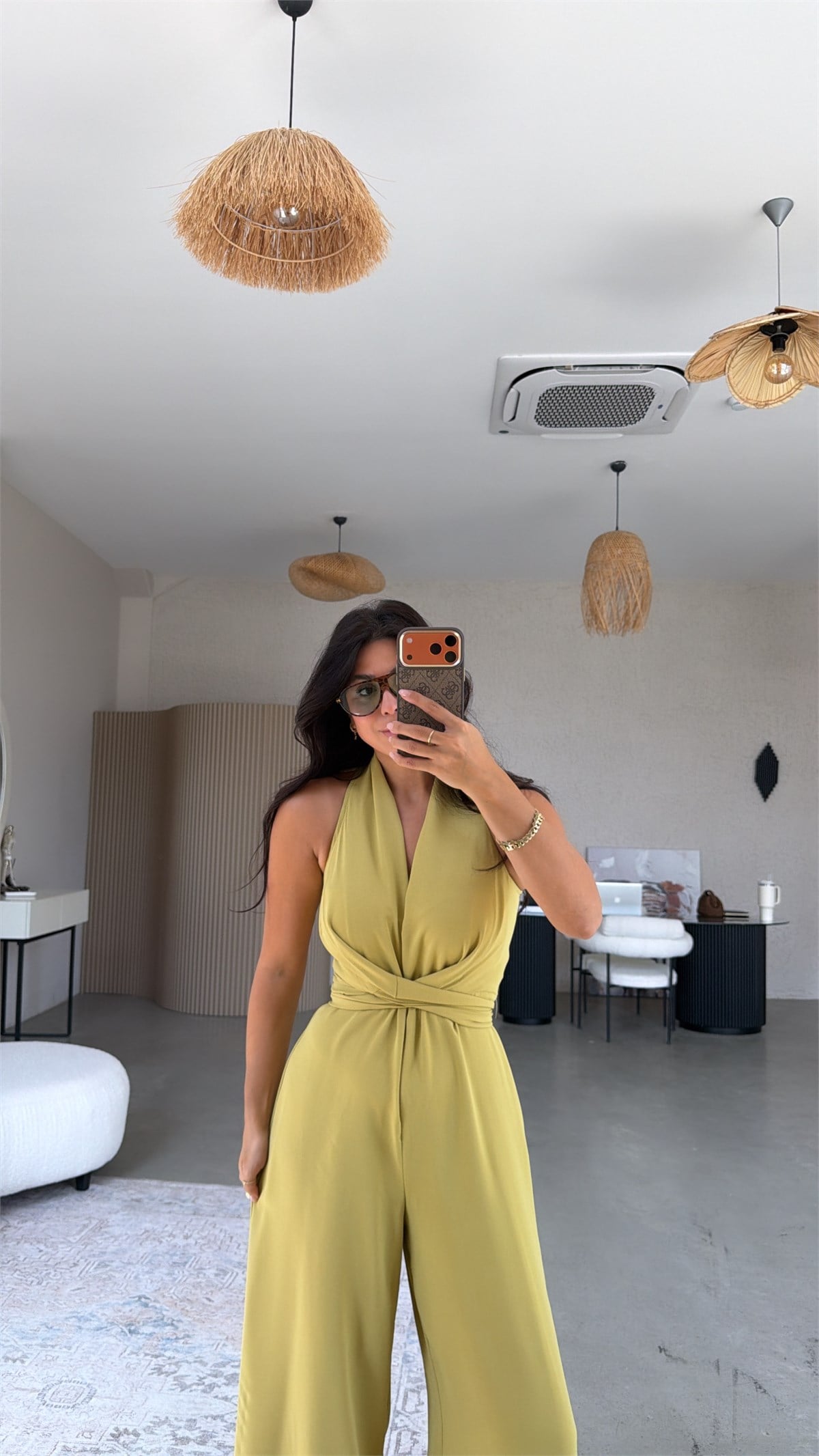 Yağ Yeşili Krep Kumaş Bağlamalı Premium Tulum