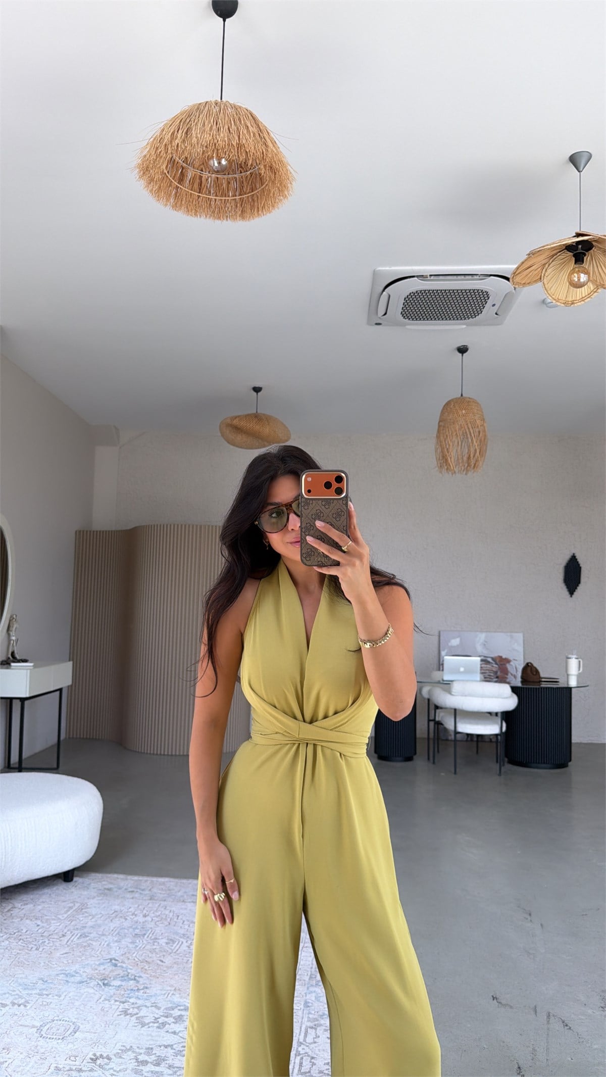 Yağ Yeşili Krep Kumaş Bağlamalı Premium Tulum