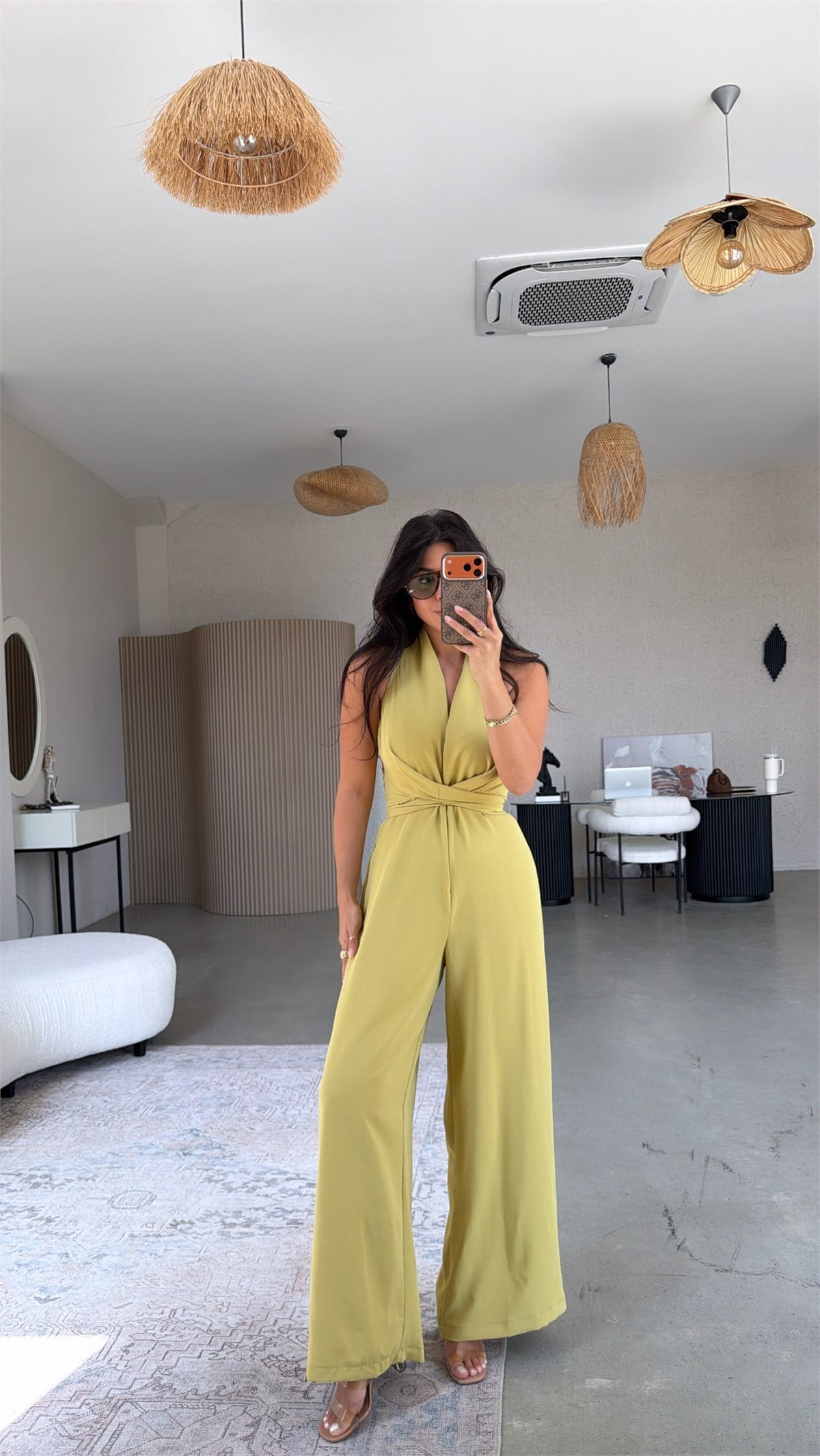Yağ Yeşili Krep Kumaş Bağlamalı Premium Tulum