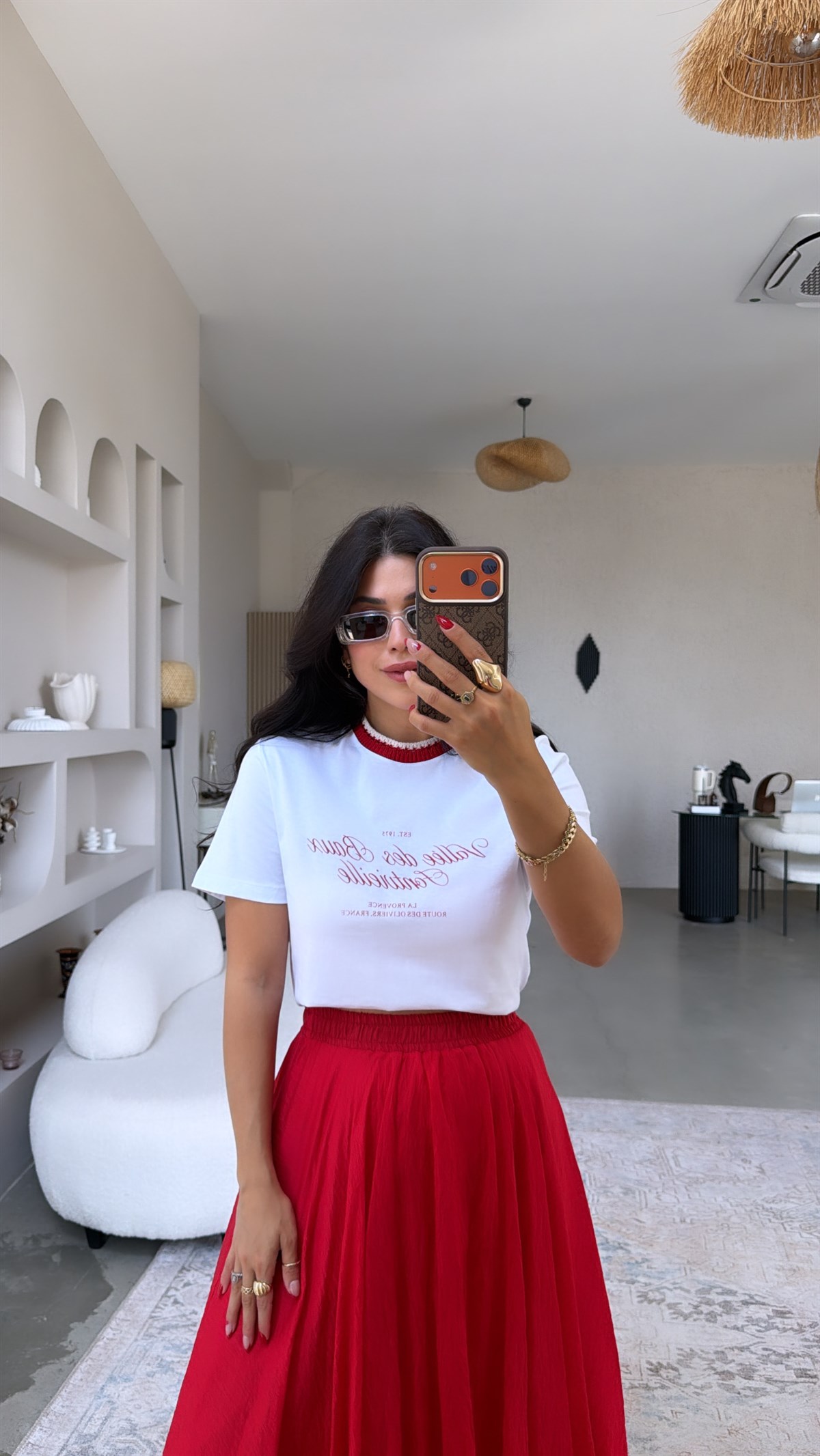 Yaka Kırmızı Triko Detaylı Kırmızı Yazılı Pamuklu Tshirt