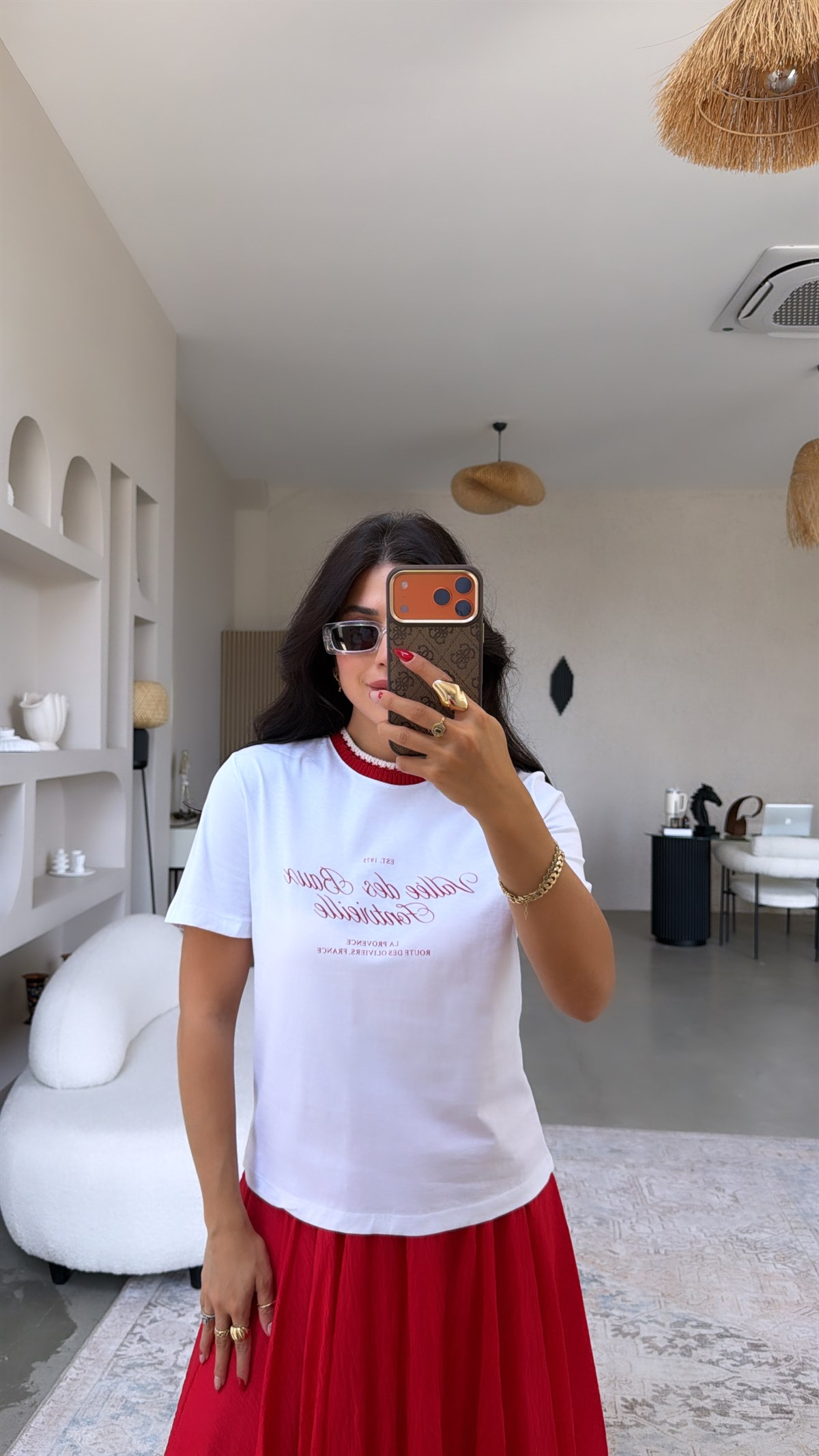 Yaka Kırmızı Triko Detaylı Kırmızı Yazılı Pamuklu Tshirt