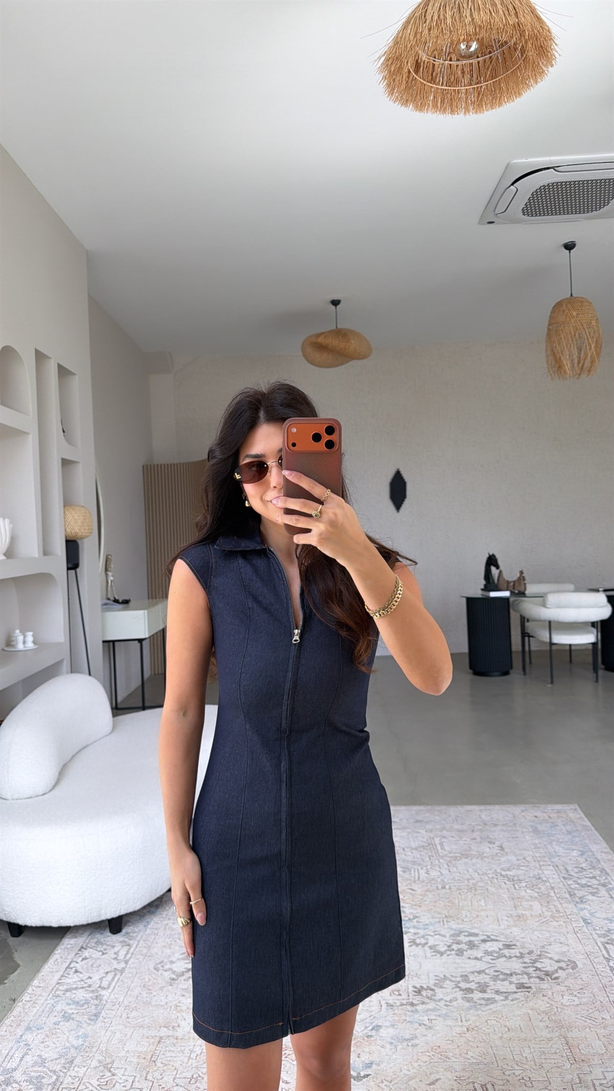 Yakalı Boy Fermuarlı Lacivert Denim Elbise