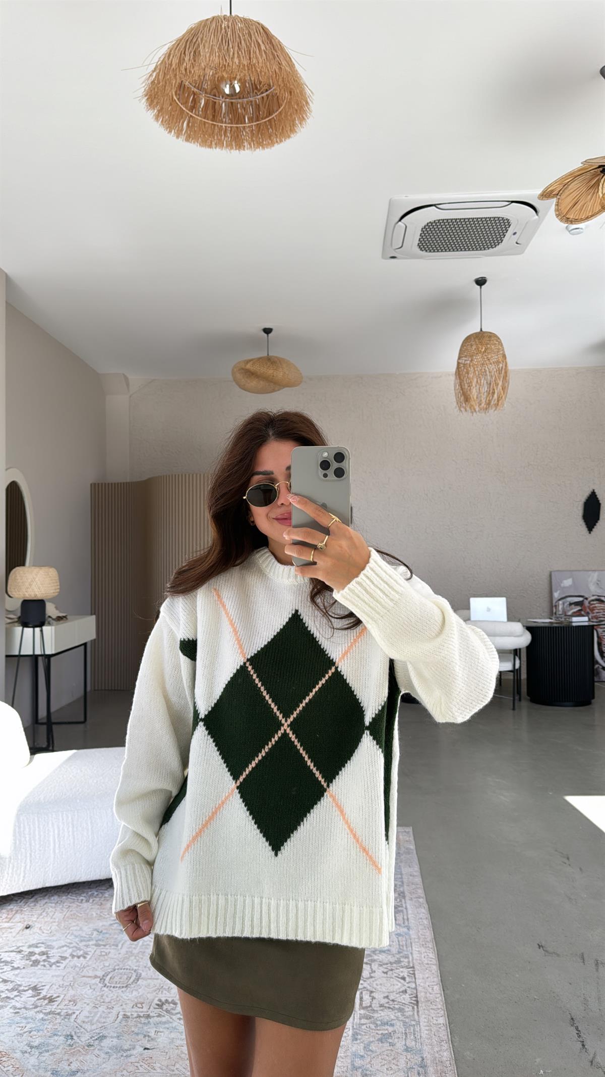 Yeşil Baklava Desenli Mng Kazak