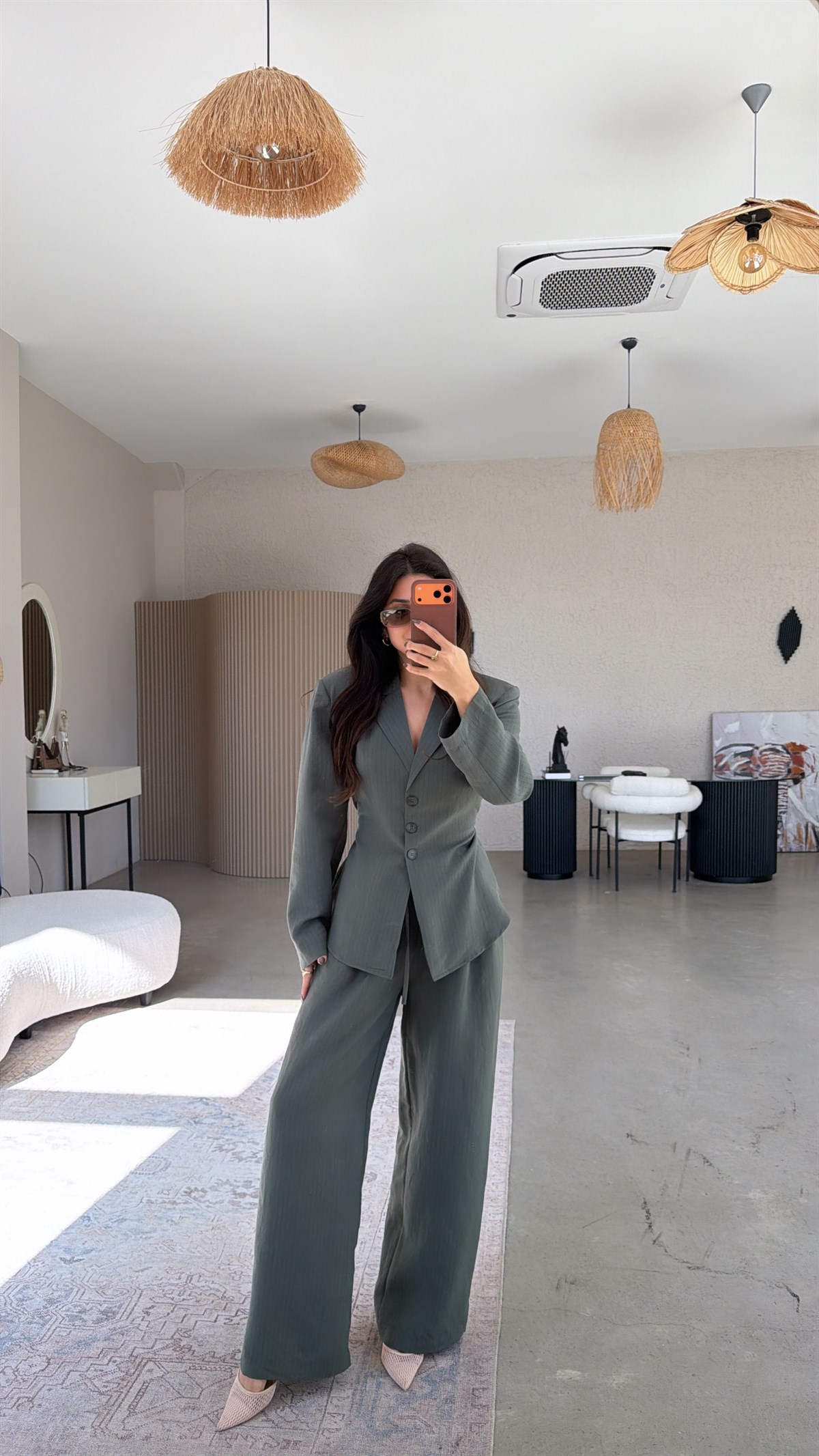 Yeşil Çizgili Dökümlü Ceket Pantolon Takım