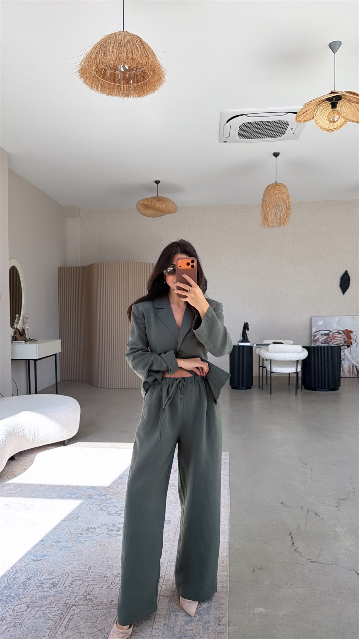 Yeşil Çizgili Dökümlü Ceket Pantolon Takım