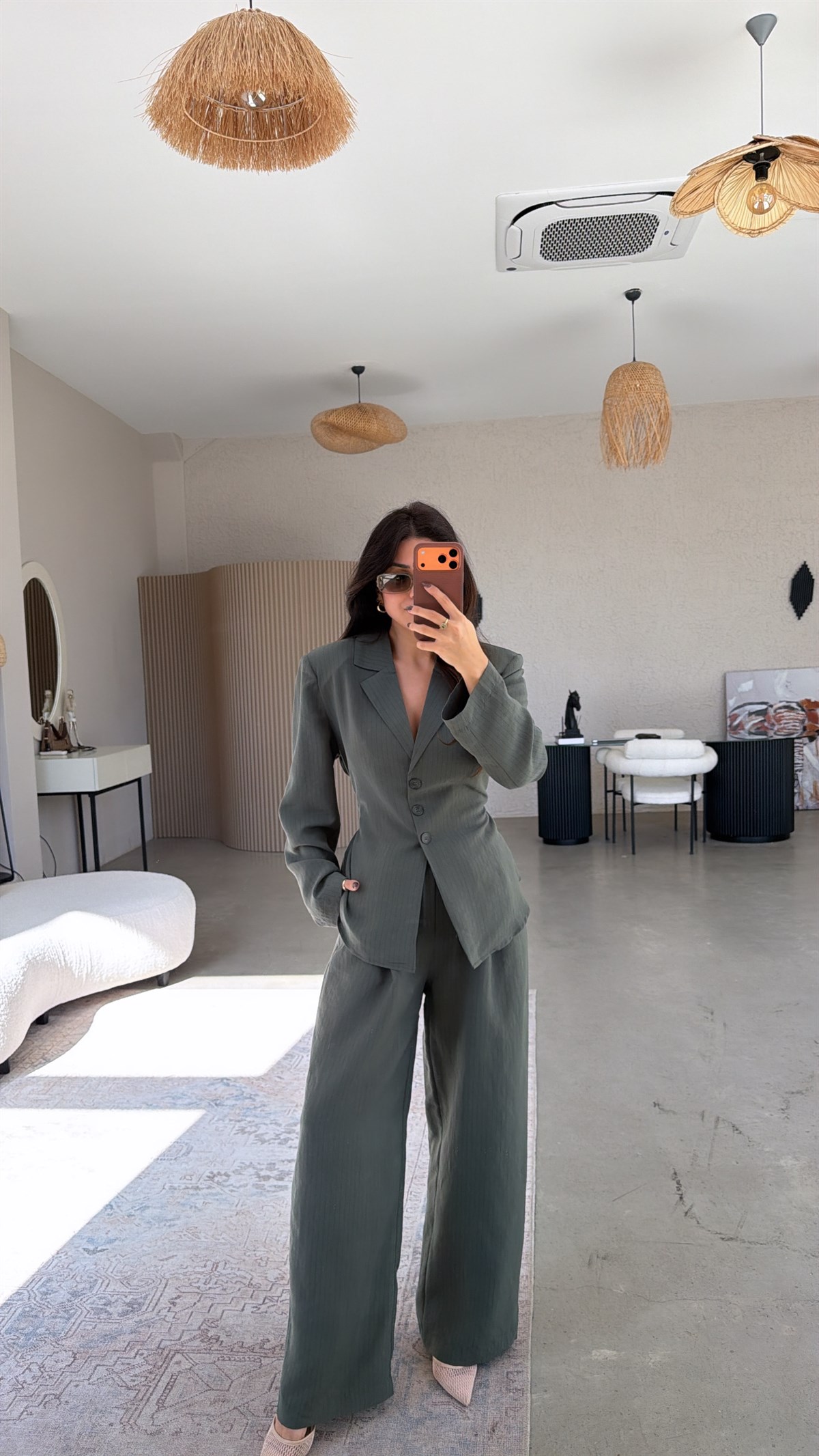 Yeşil Çizgili Dökümlü Ceket Pantolon Takım