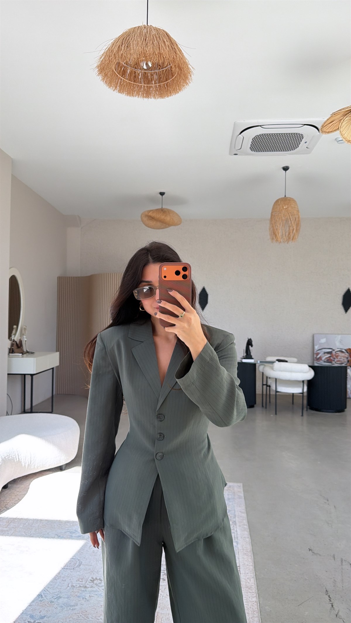 Yeşil Çizgili Dökümlü Ceket Pantolon Takım