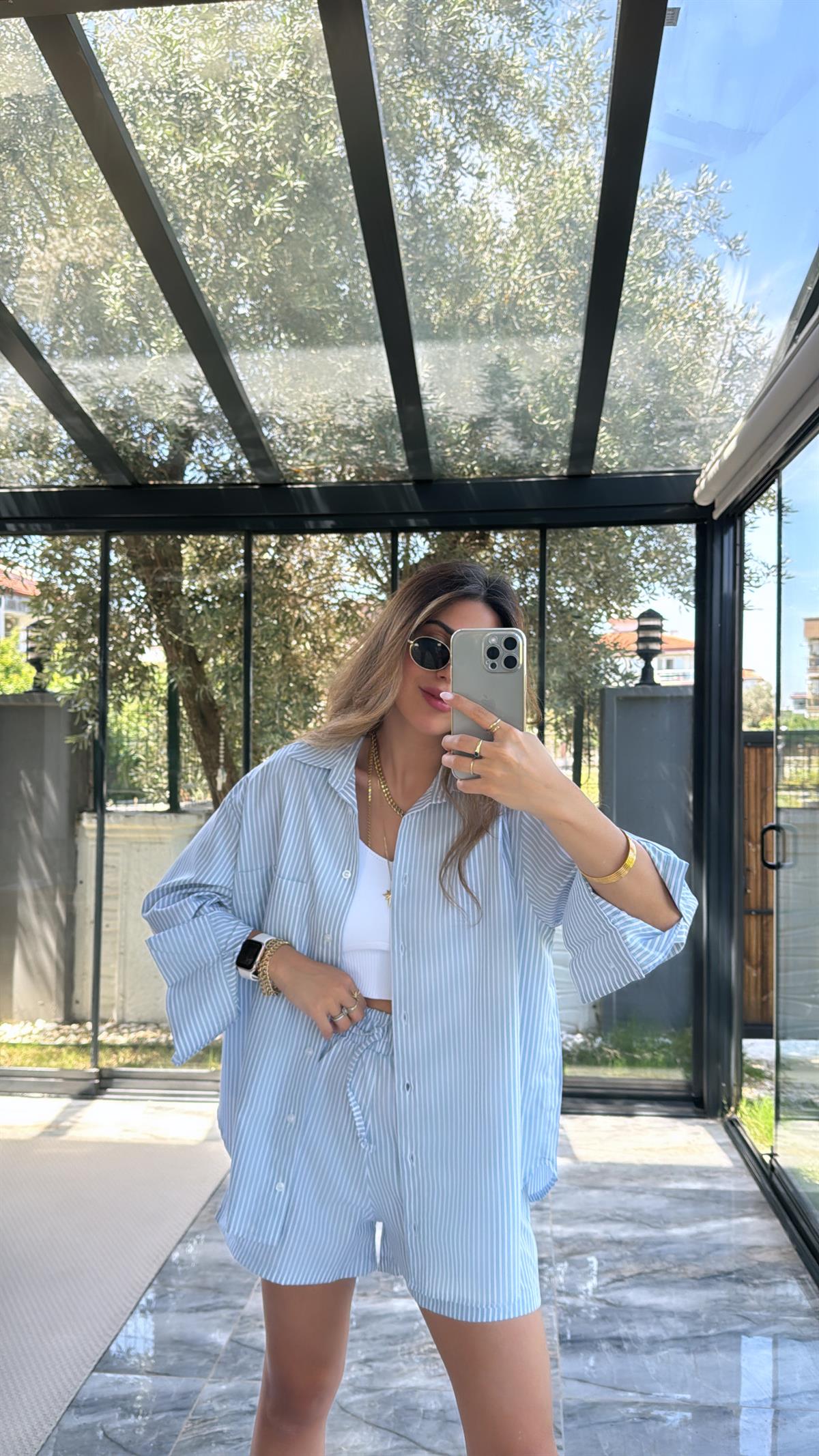 Yeşil Çizgili Poplin Şortlu Takım