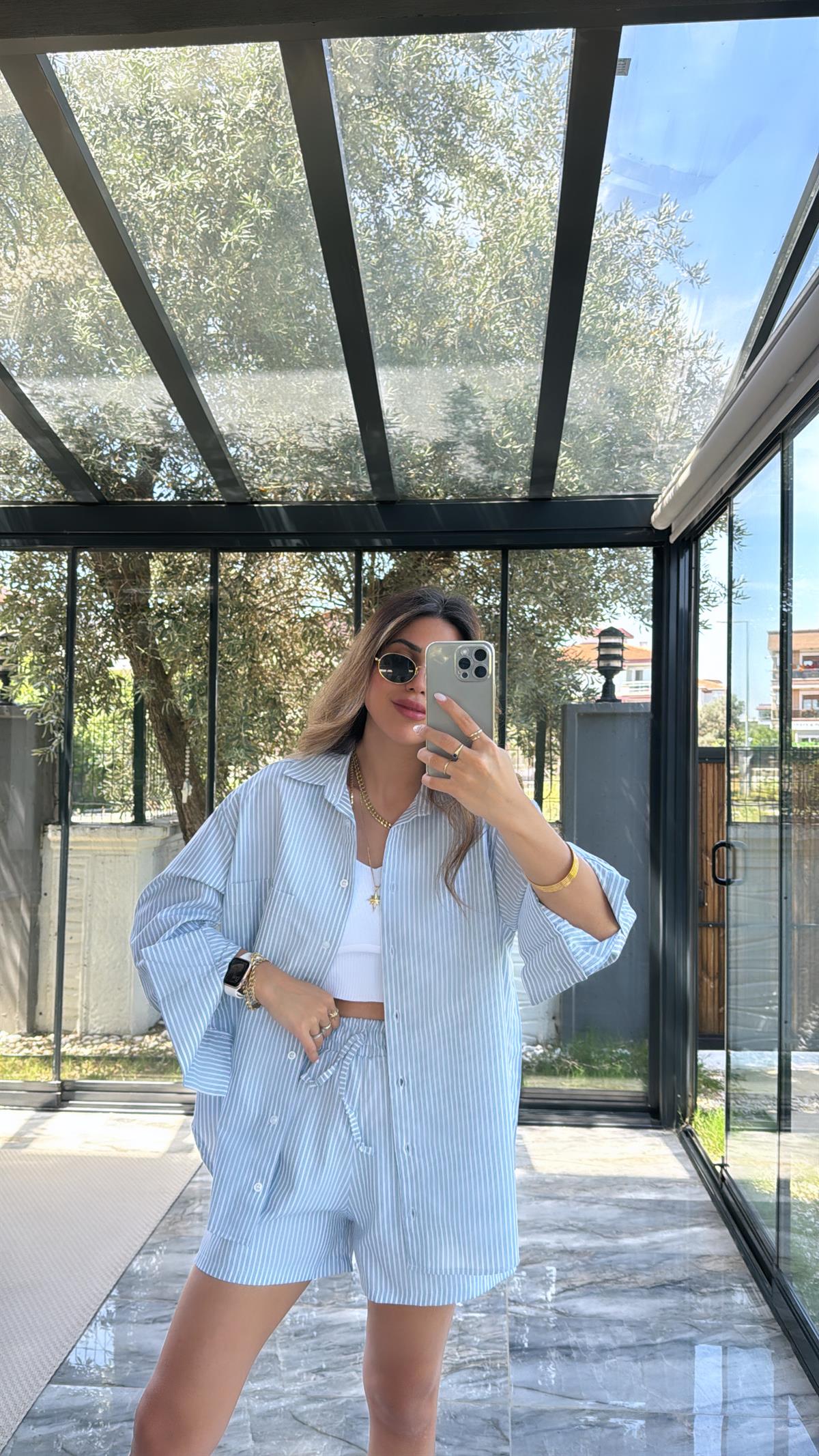 Yeşil Çizgili Poplin Şortlu Takım