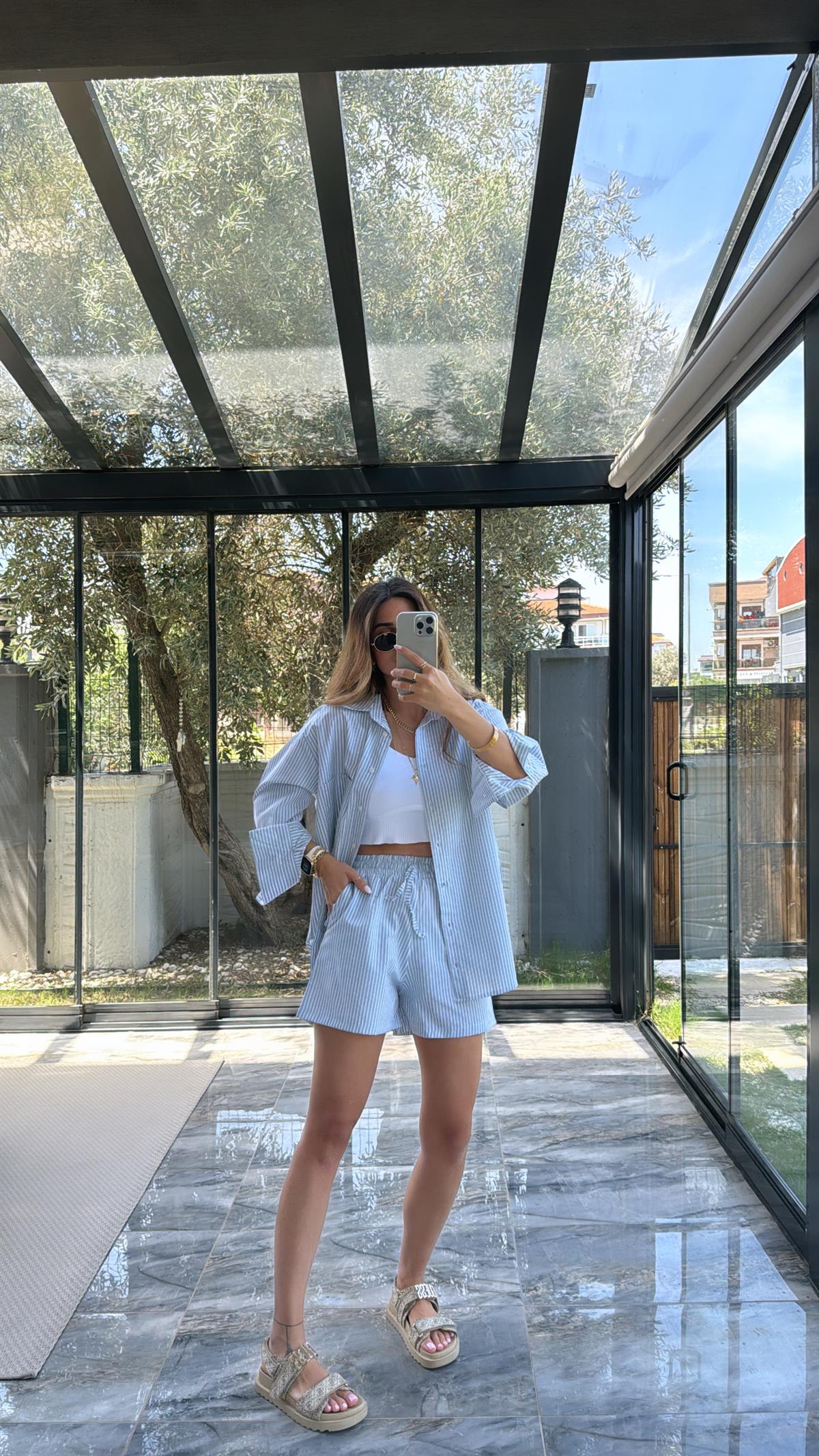 Yeşil Çizgili Poplin Şortlu Takım