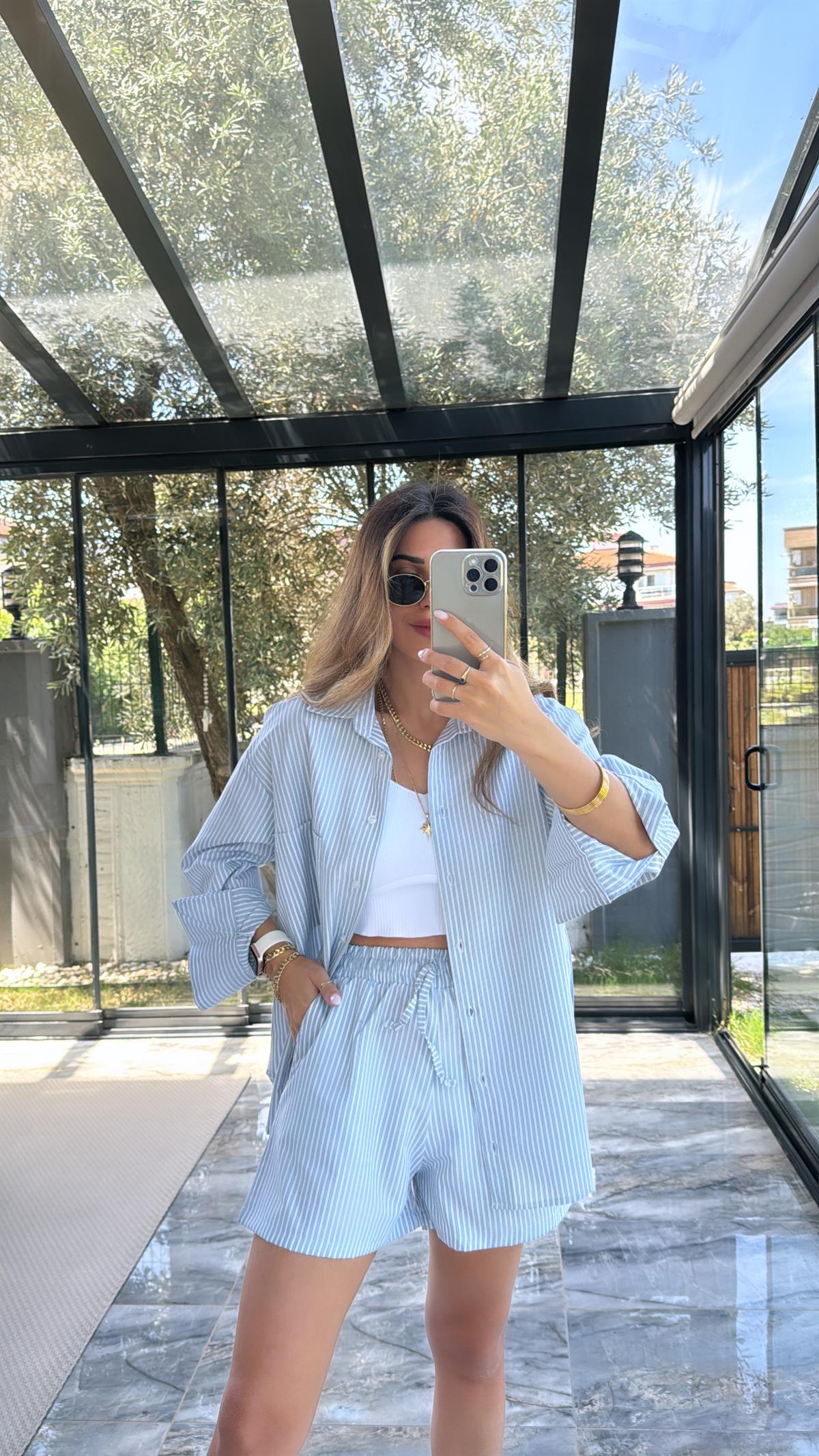 Yeşil Çizgili Poplin Şortlu Takım