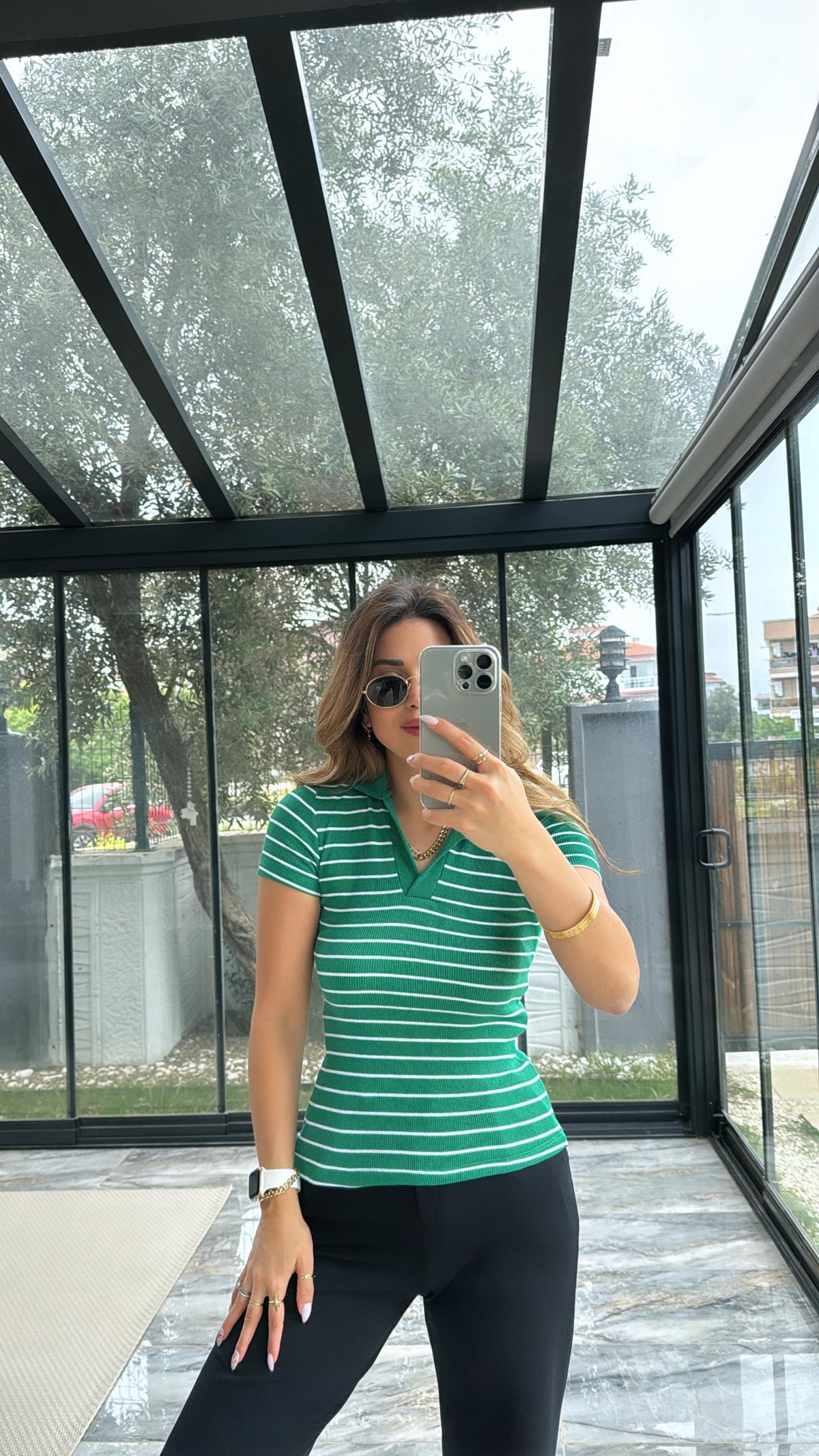 Yeşil Çizgili Yakalı Ribana Tshirt