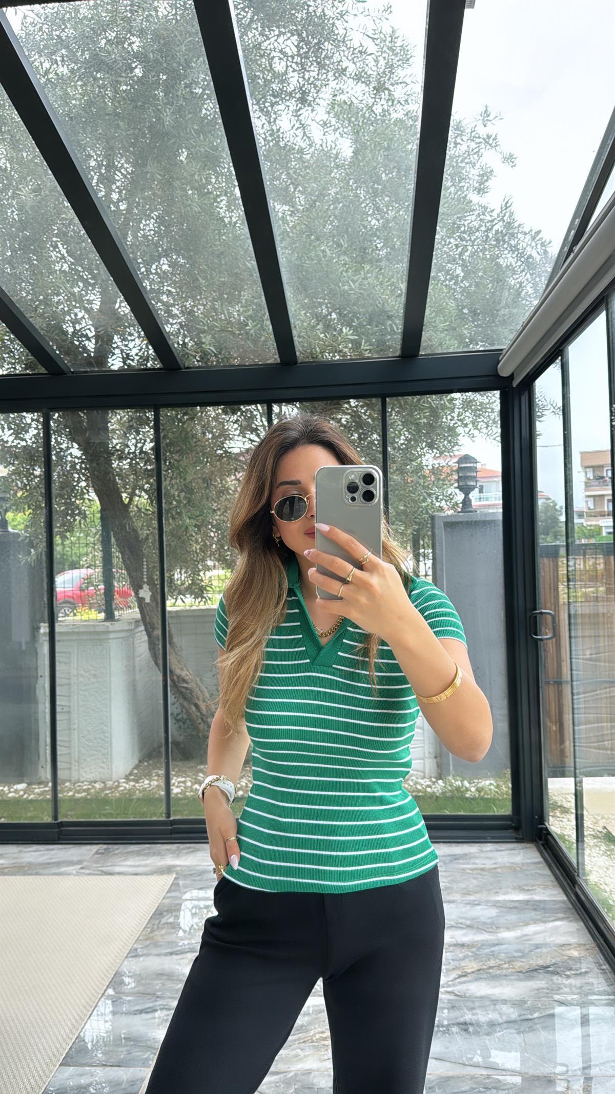 Yeşil Çizgili Yakalı Ribana Tshirt