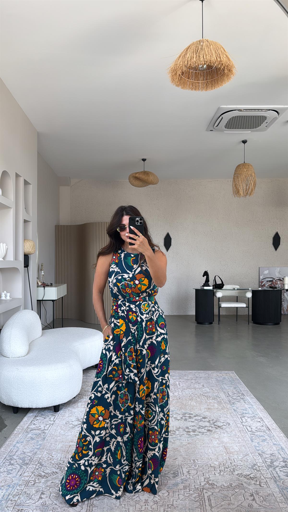 Yeşil Desenli Bol Paça Tulum