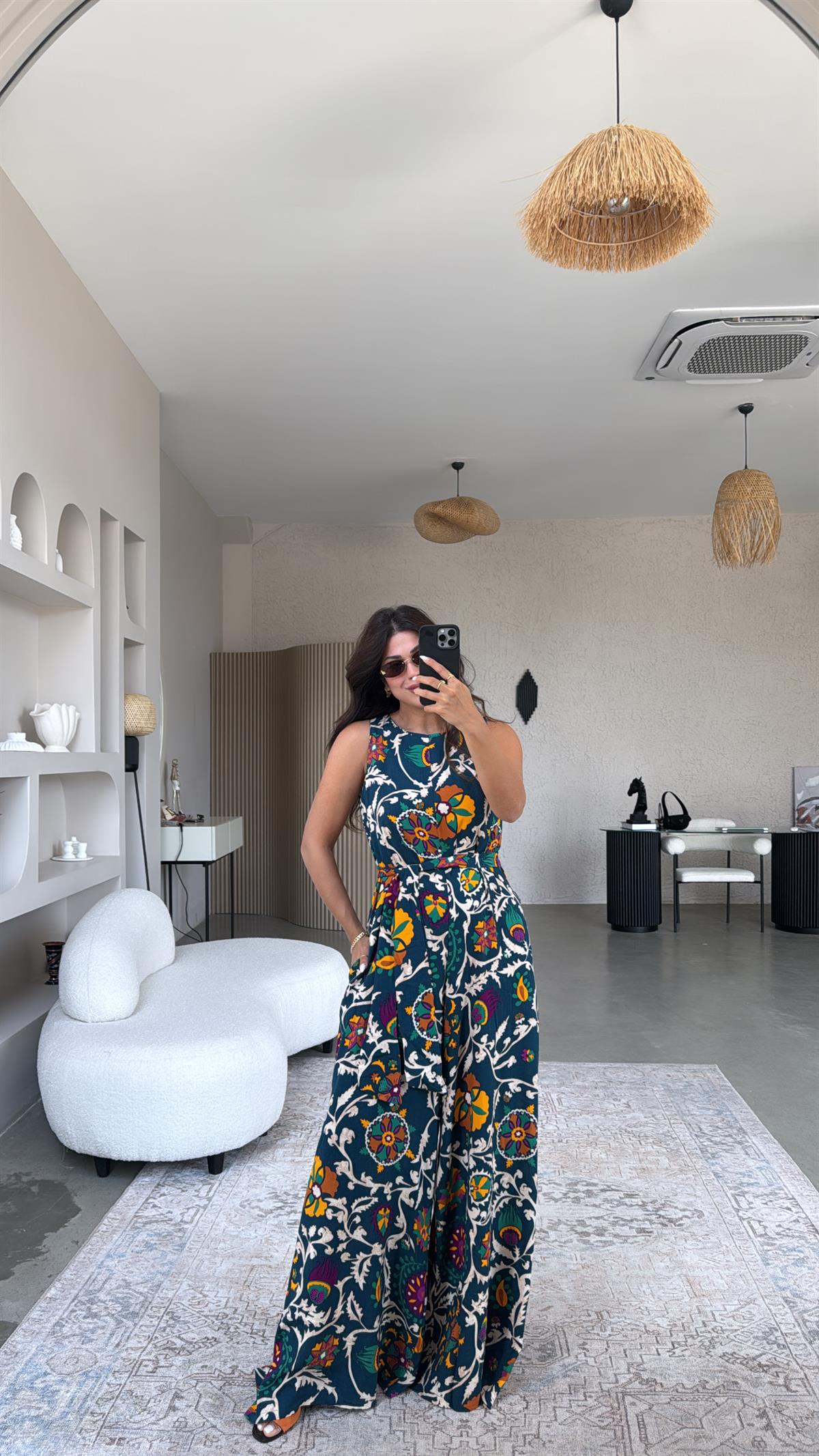 Yeşil Desenli Bol Paça Tulum