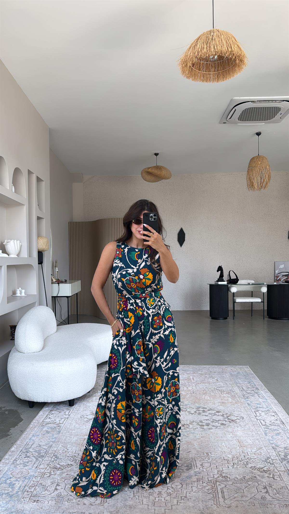 Yeşil Desenli Bol Paça Tulum