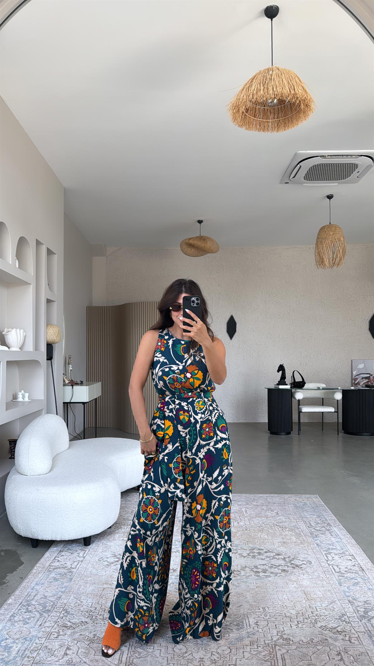 Yeşil Desenli Bol Paça Tulum