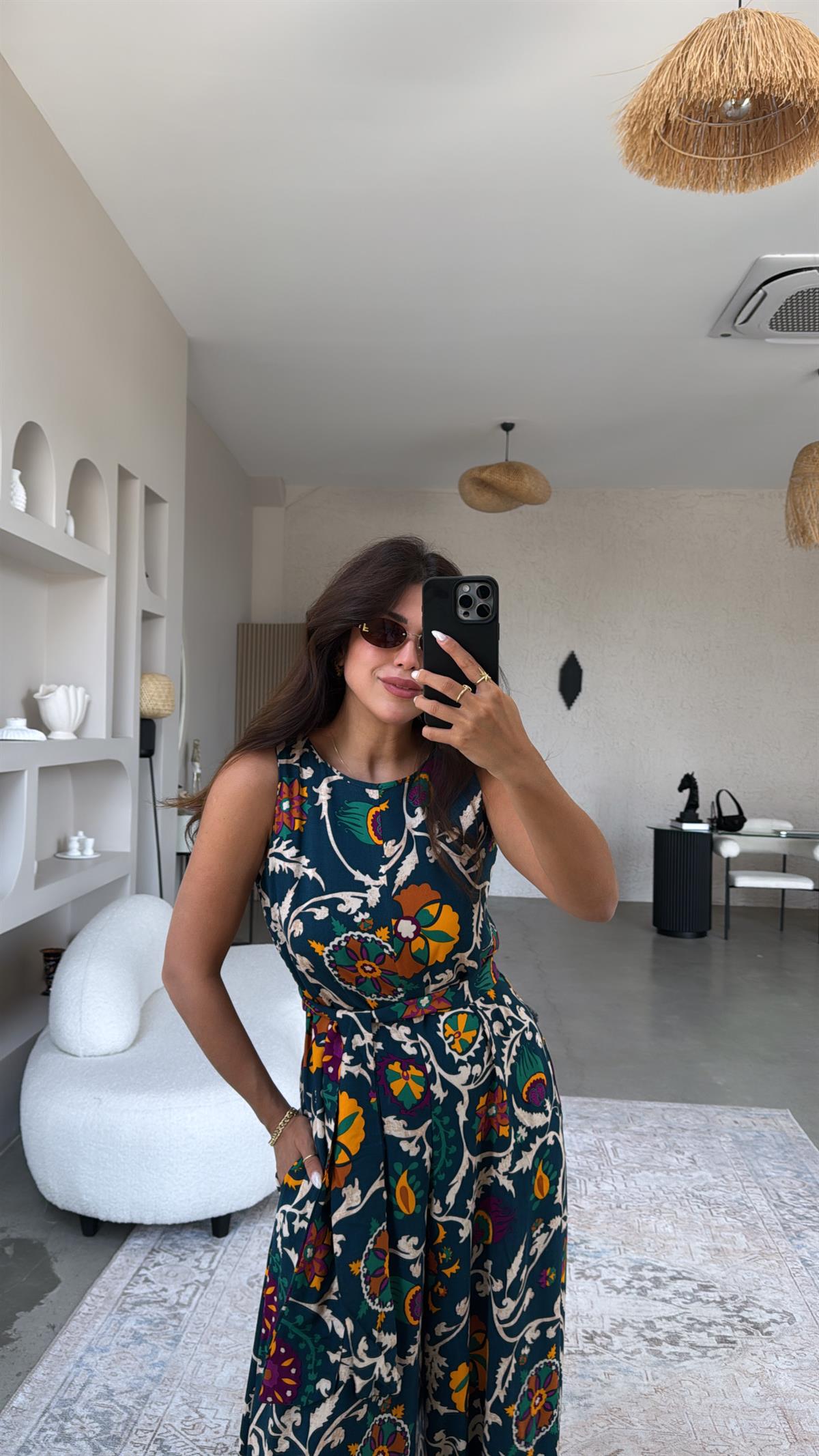 Yeşil Desenli Bol Paça Tulum