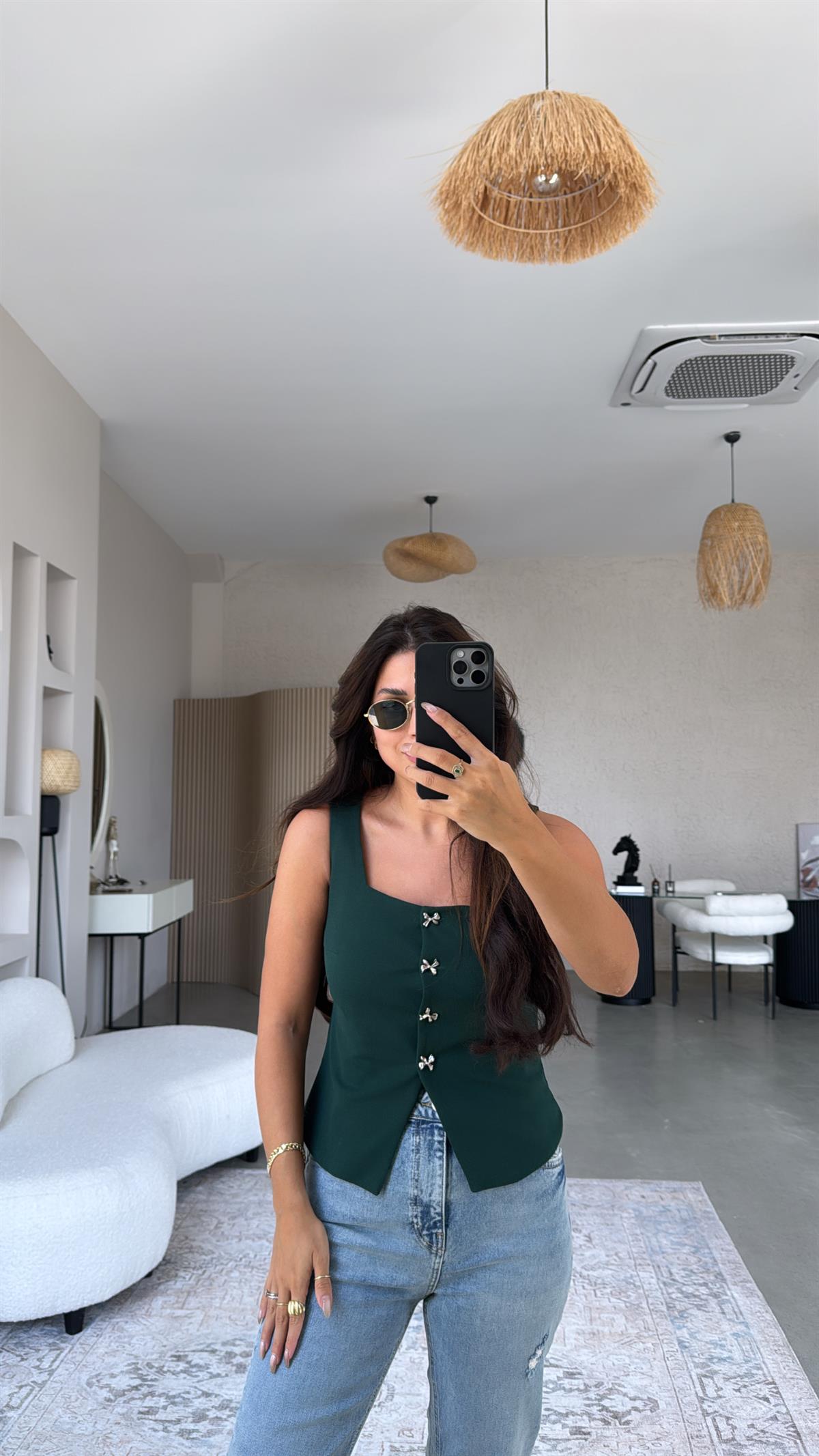 Yeşil Fiyonk Düğmeli Kumaş Yelek