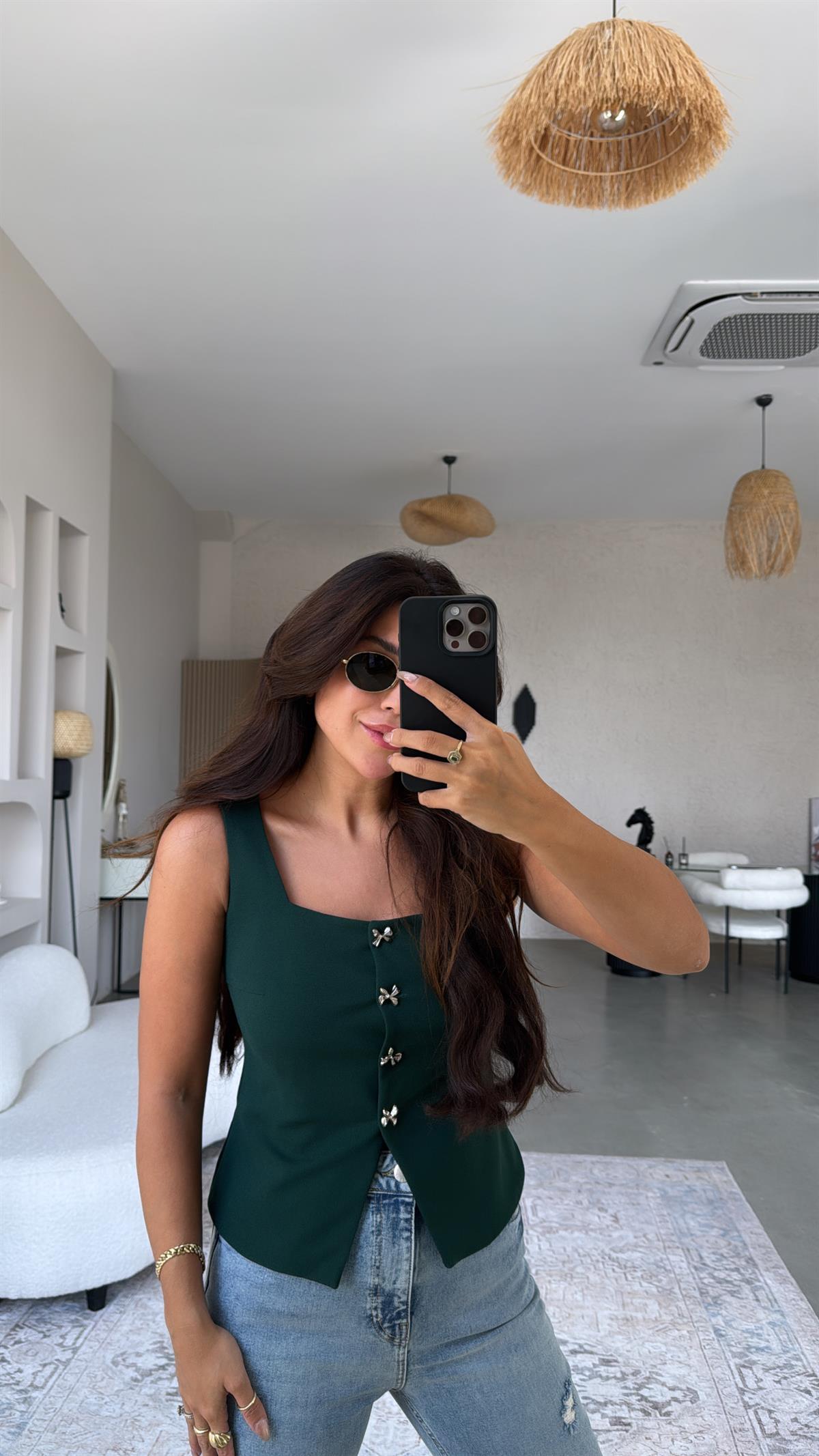 Yeşil Fiyonk Düğmeli Kumaş Yelek