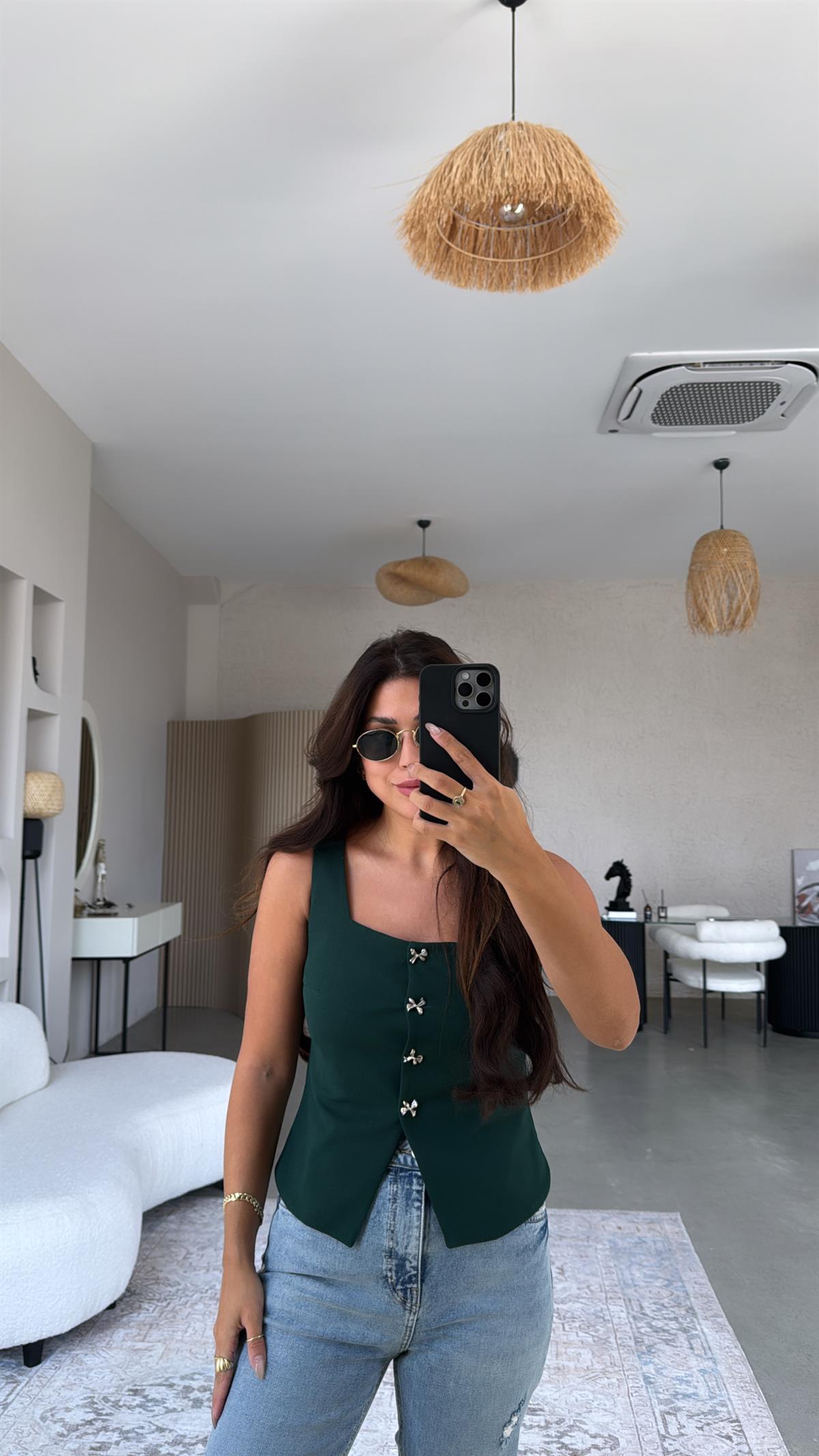 Yeşil Fiyonk Düğmeli Kumaş Yelek